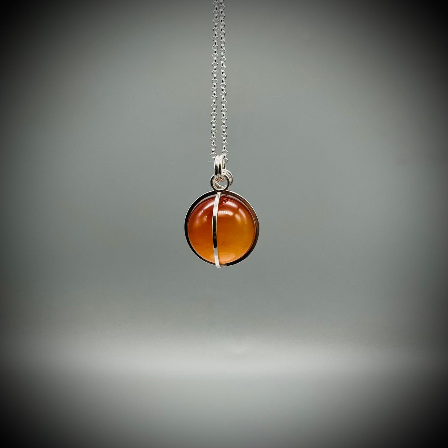Carnelian Crystal Ball Necklace, Carnelian and Sterling Silver Pendant, Carnelian Crystal Sphere Pendant, Caged Carnelian Crystal