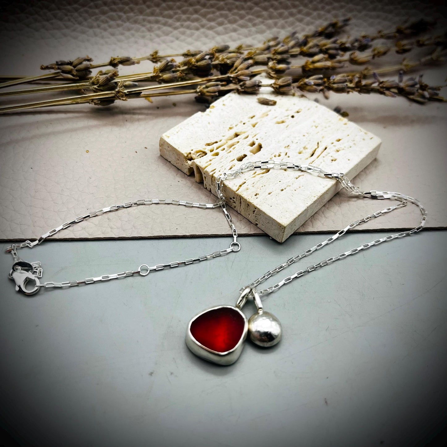 Red Sea Glass and Eco Silver Pebble Necklace, Red Sea Glass Pendant, Recycled Eco Silver Pebble Necklace, Red Sea Glass Necklace
