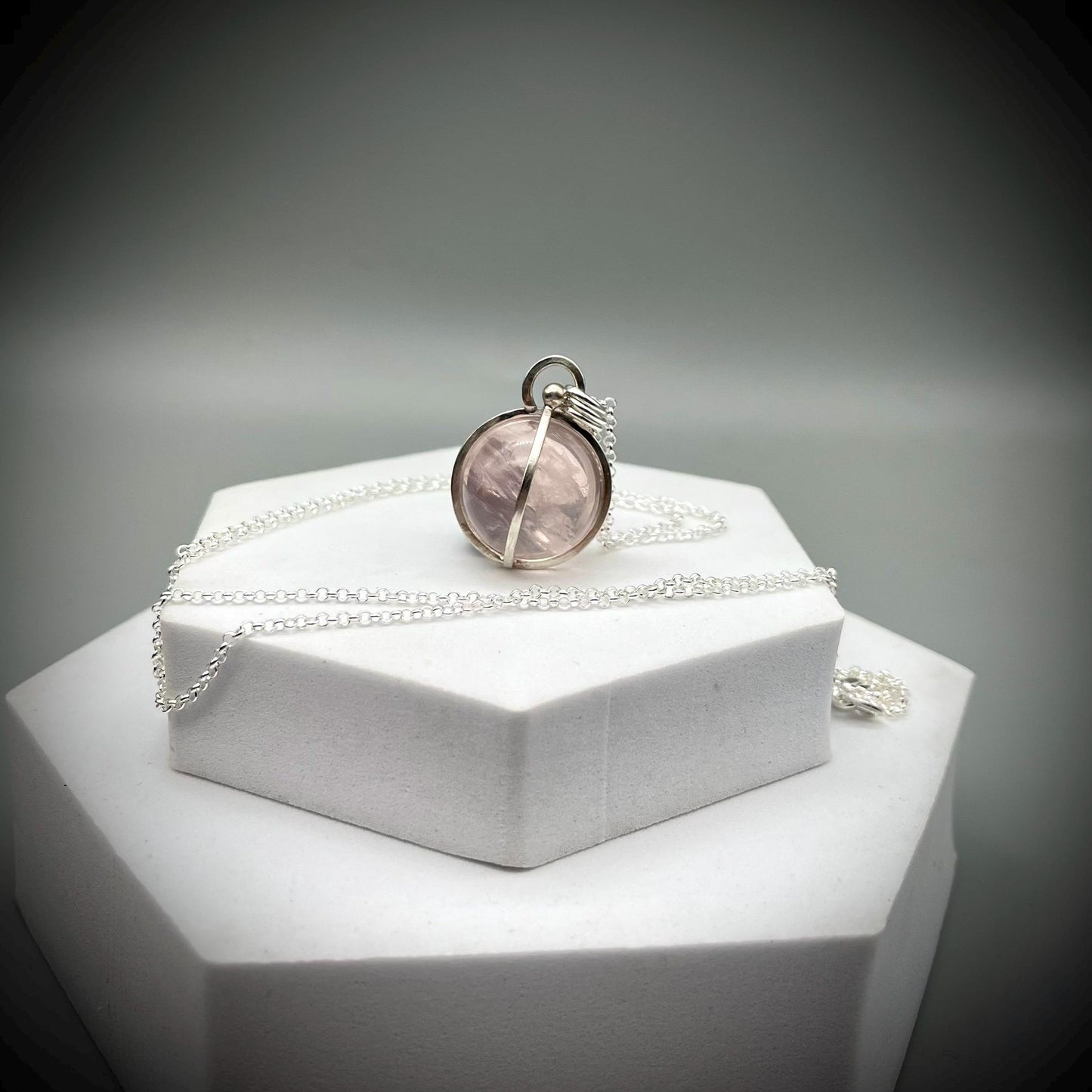 Rose Quartz Crystal Ball Necklace, Rose Quartz and Sterling Silver Necklace, Rose Quartz Pendant, Caged Rose Quartz Crystal