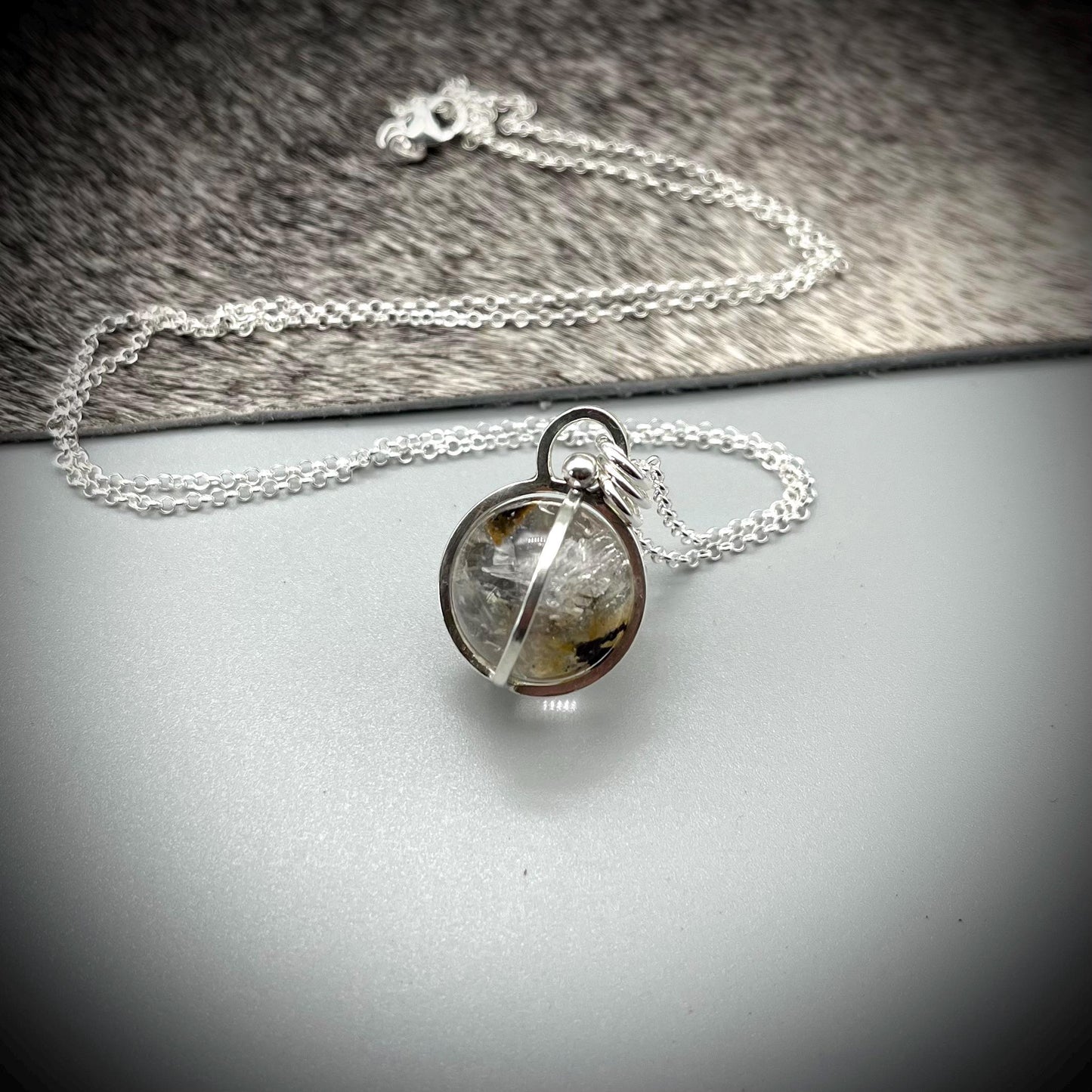 Herkimer Diamond Crystal Ball Necklace, Herkimer Diamond and Sterling Silver Necklace, Caged Herkimer Diamond Pendant