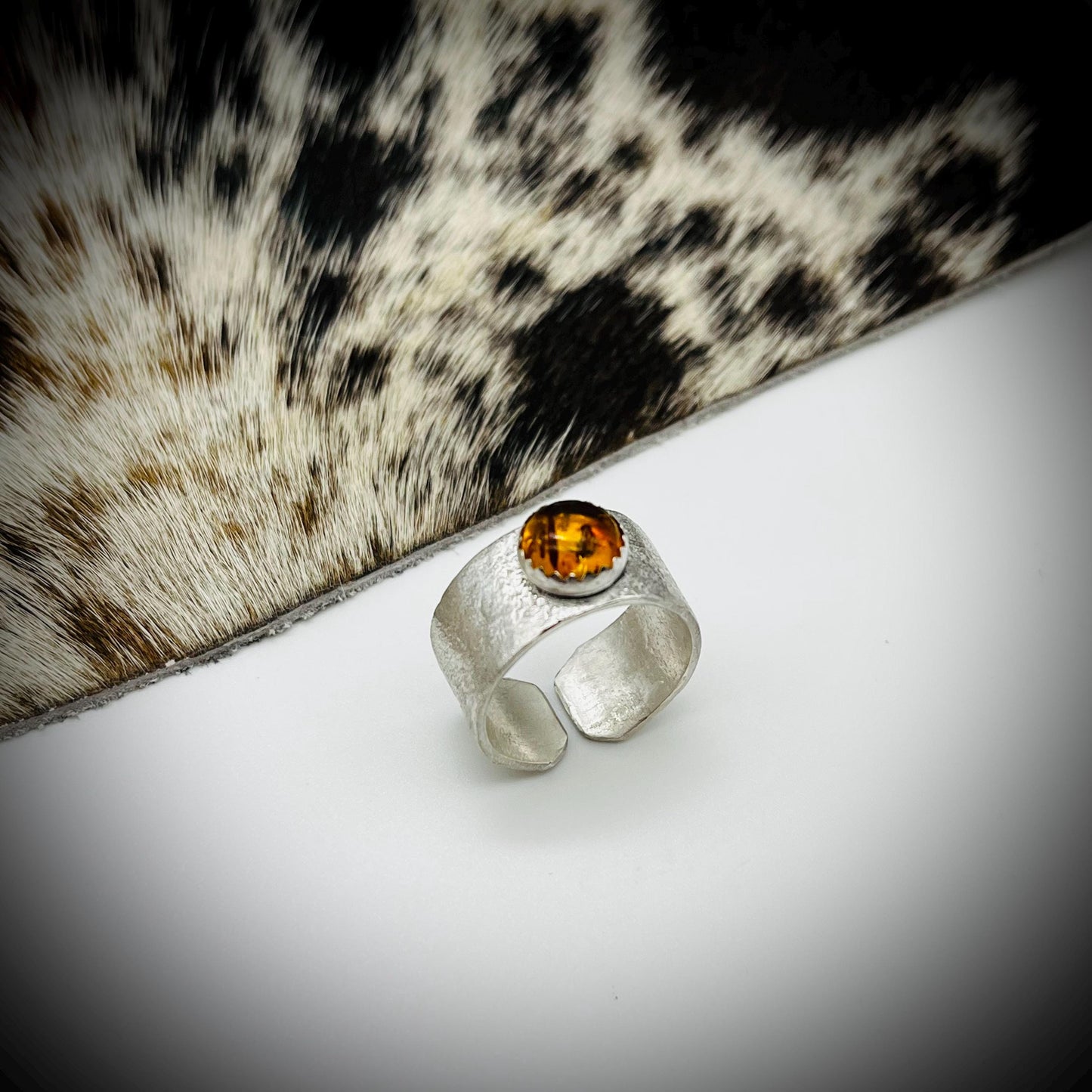 Sterling Silver Wide Ring Bang, Reticulated Silver Ring Band, Textured Silver Ring, Wide Silver Ring with Amber, Amber Thumb Ring,