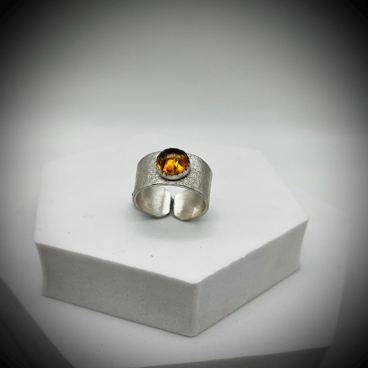 Sterling Silver Wide Ring Bang, Reticulated Silver Ring Band, Textured Silver Ring, Wide Silver Ring with Amber, Amber Thumb Ring,