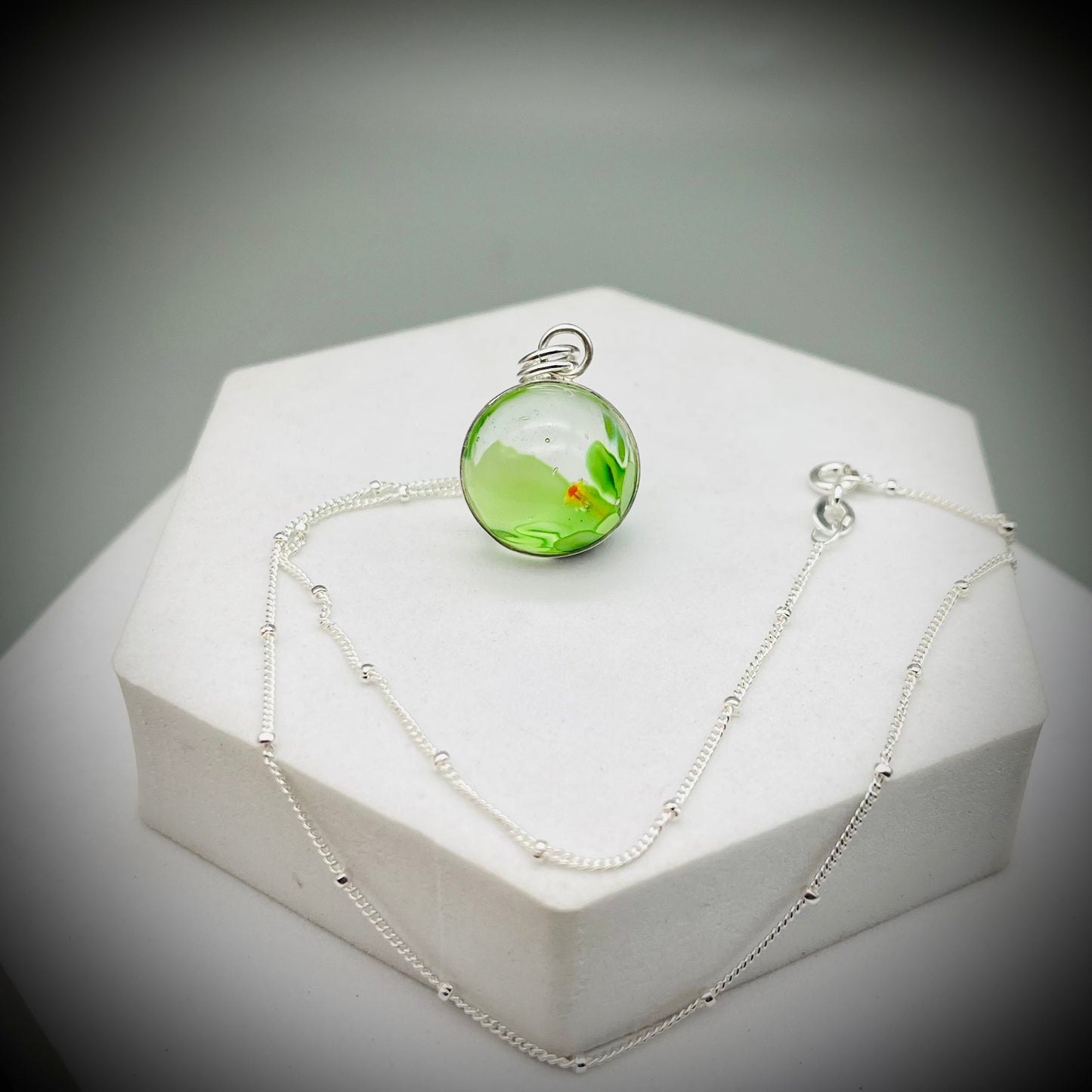 Flower Marble Necklace, Handmade Flower Marble Necklace, Caged Marble Necklace, Green Glass Marble and Silver Necklace