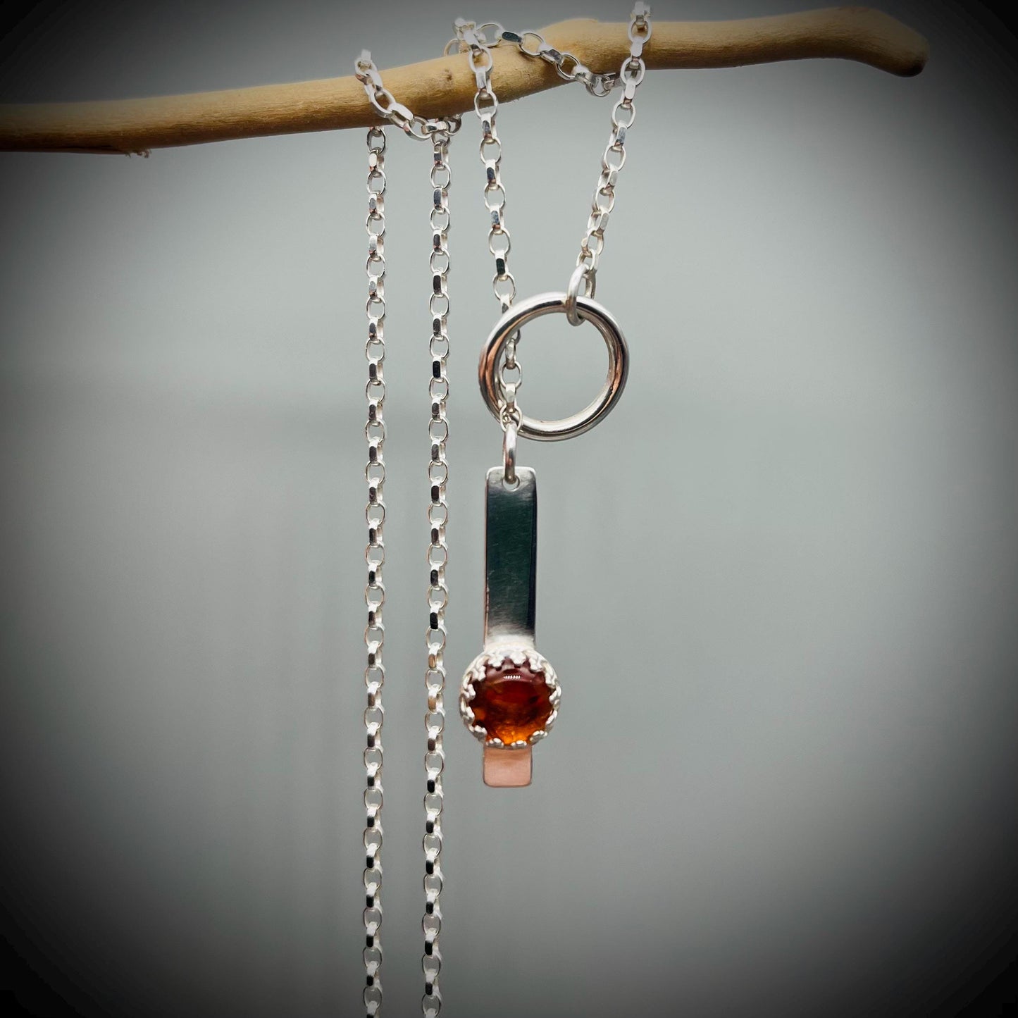 Long Sterling Silver Bar Necklace, Sterling Silver Lariat Necklace, Amber and Silver Hoop Lariat Necklace, Long Silver Hoop Necklace