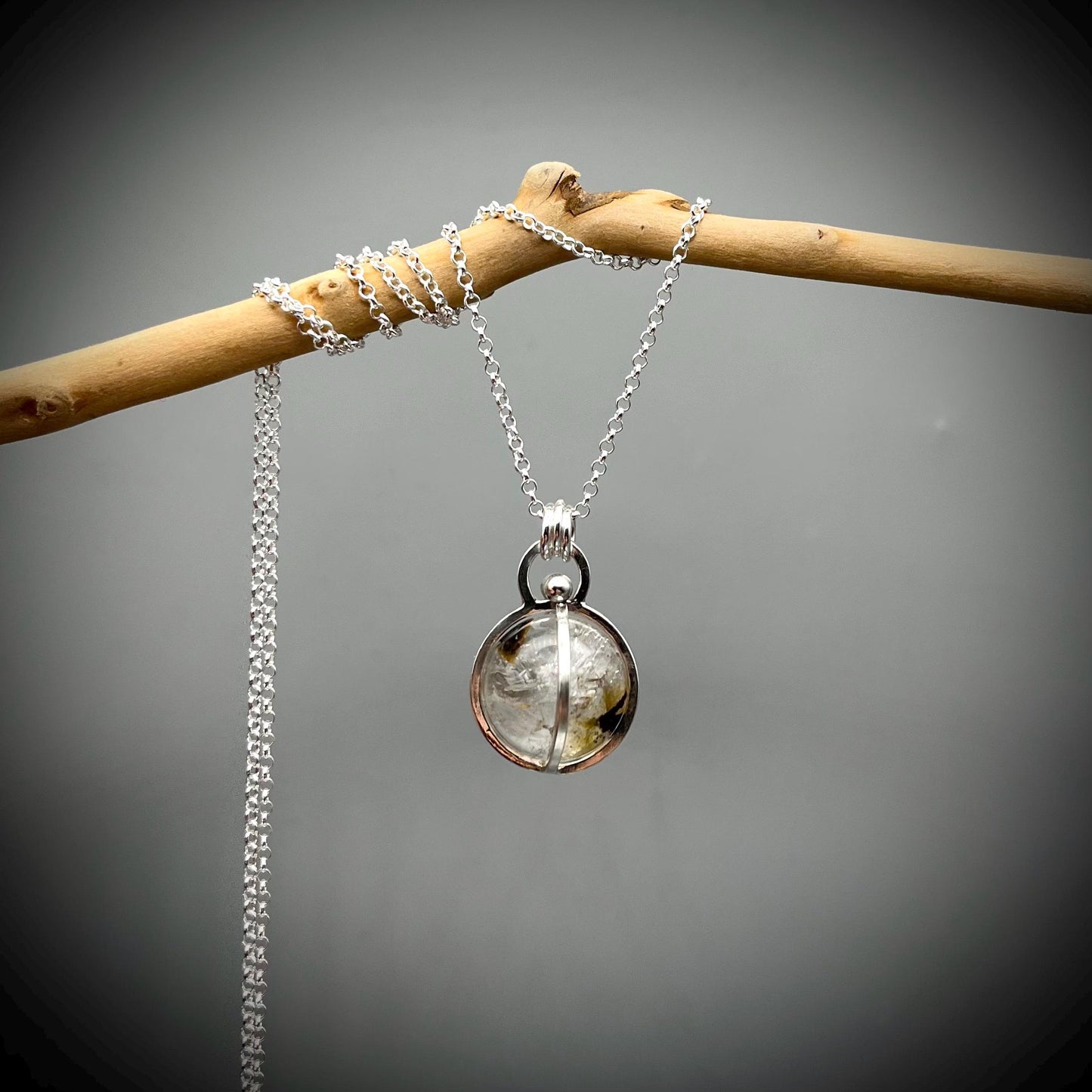 Herkimer Diamond Crystal Ball Necklace, Herkimer Diamond and Sterling Silver Necklace, Caged Herkimer Diamond Pendant
