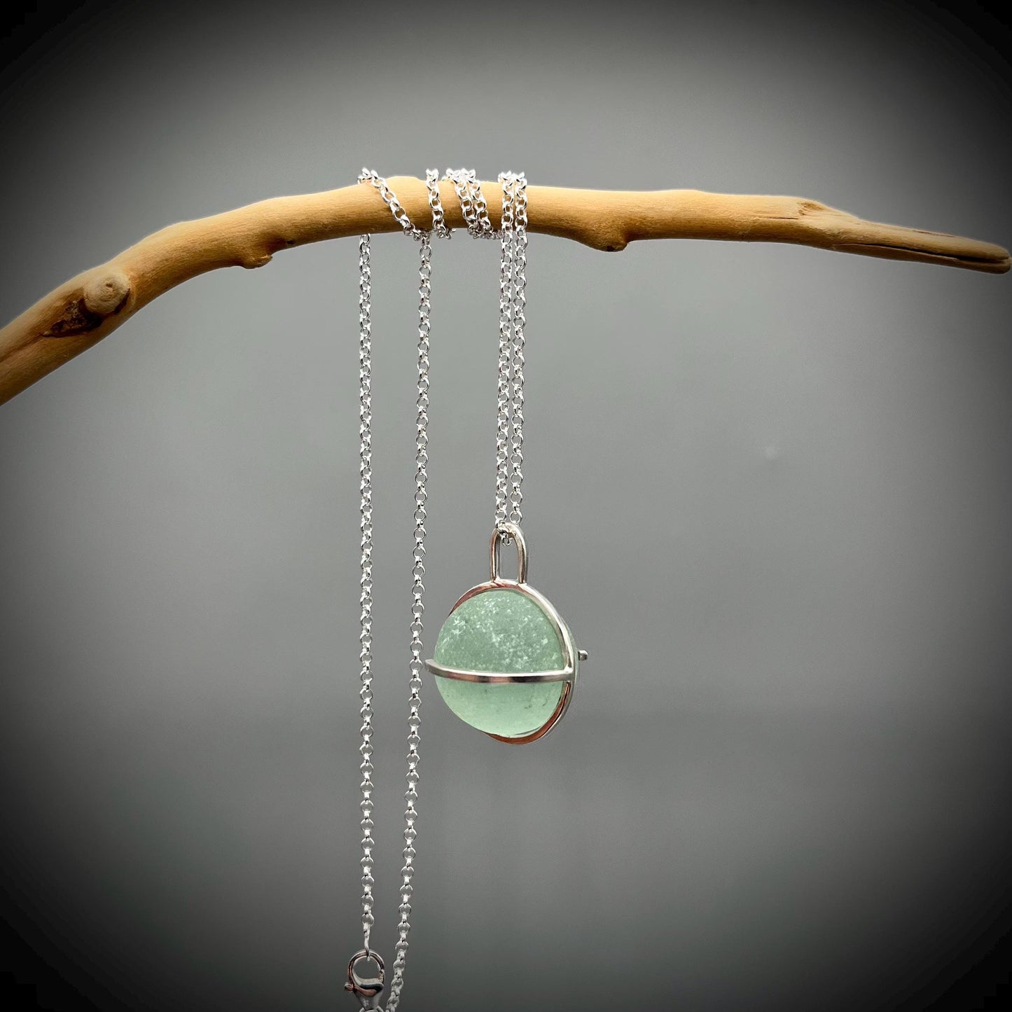 Genuine Codd Marble Necklace, Green Sea Glass Pendant, Green Marble Pendant, Caged Sea Glass Marble Pendant