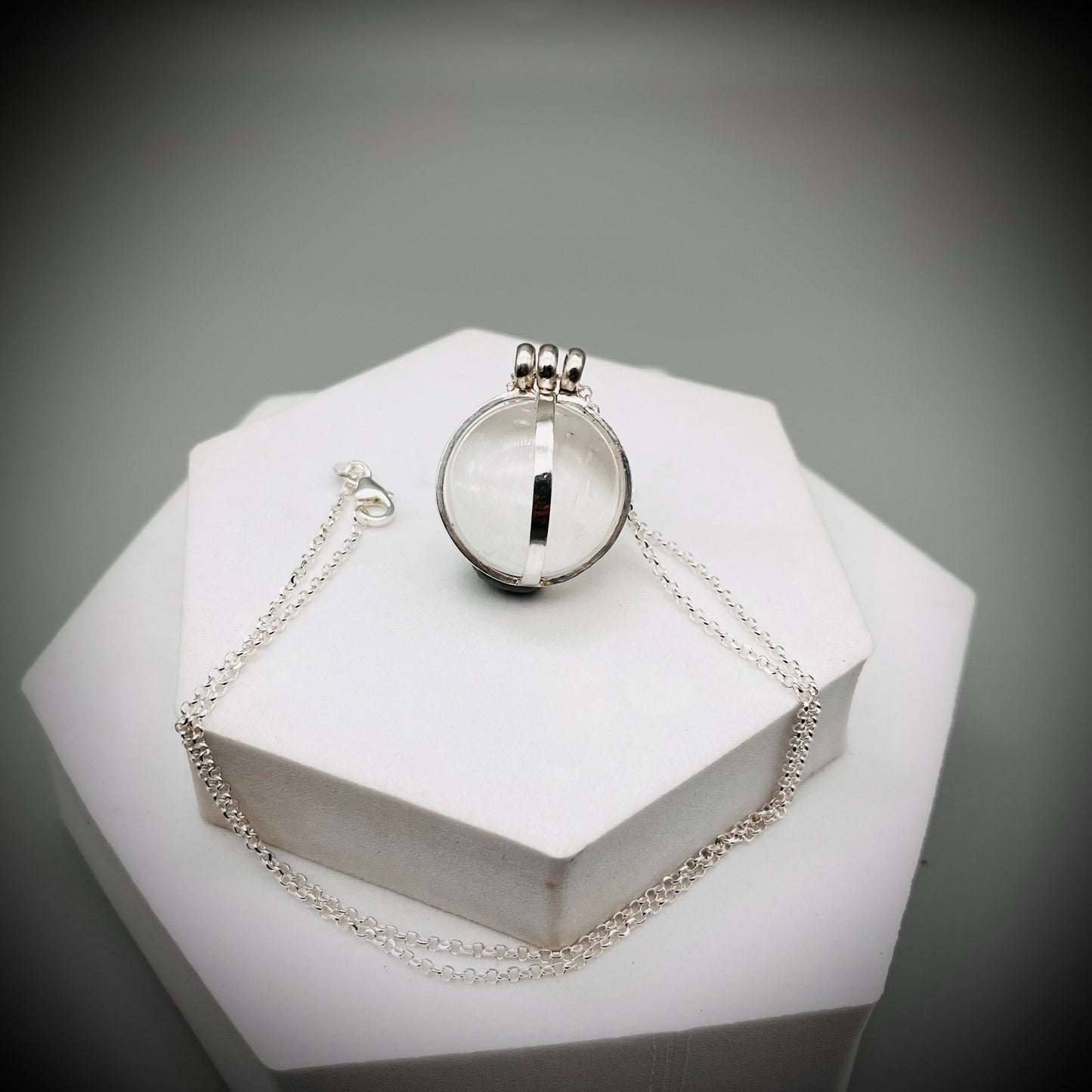 Selenite Crystal Ball Necklace, Selenite and Sterling Silver Necklace, Caged Selenite Pendant, Selenite and Silver Pendant, Caged Crystal