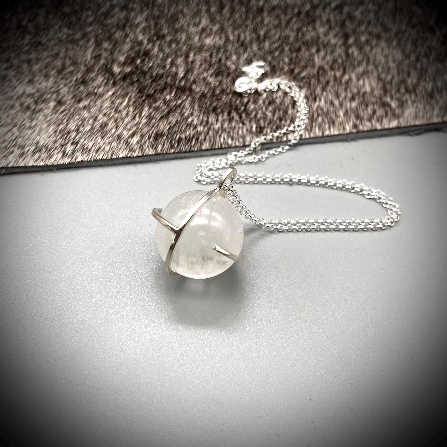 Selenite Crystal Ball Necklace, Selenite and Sterling Silver Necklace, Caged Selenite Pendant, Selenite and Silver Pendant, Caged Crystal