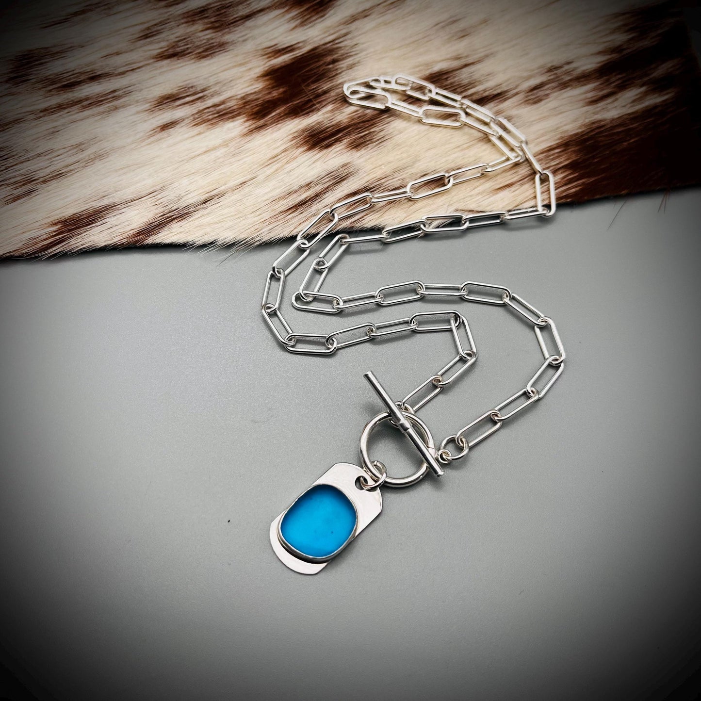 Blue Sea Glass Necklace, Sea Glass and Sterling Silver Pendant, Sea Glass and Paperclip Chain Necklace