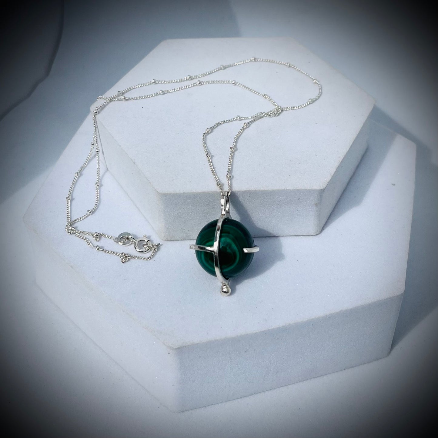 Malachite Crystal Ball Necklace, Malachite and Sterling Silver Necklace, Caged Malachite Pendant, Malachite Crystal Ball