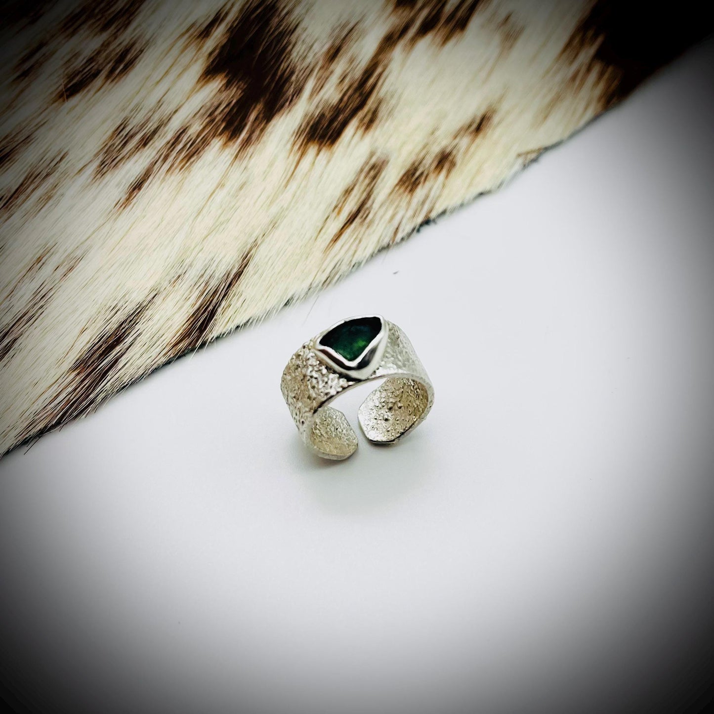 Sterling Silver Wide Ring Bang, Reticulated Silver Ring Band, Textured Silver Ring, Wide Silver Ring, Green Sea Glass and Silver Ring