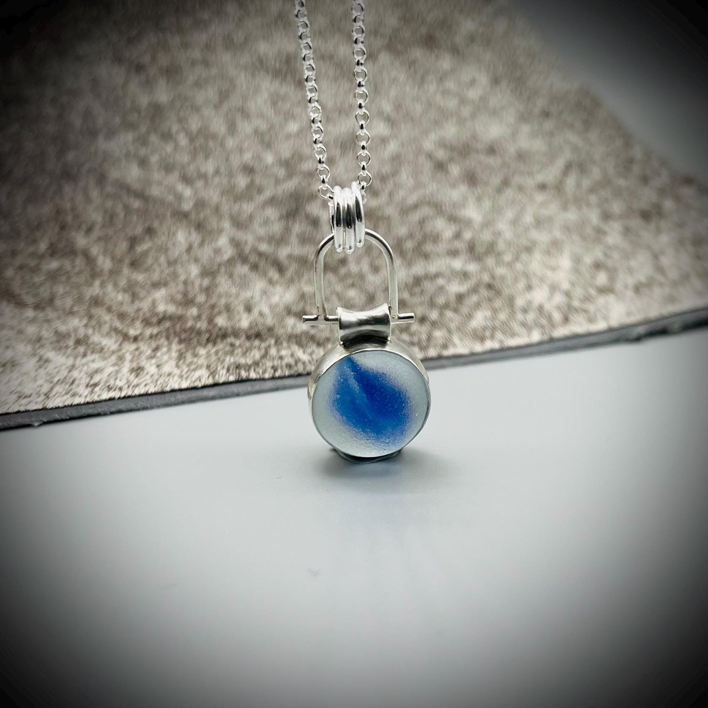 Sea Glass Marble Necklace, Blue Sea Glass Pendant, Blue Marble Pendant, Spinning Sea Glass Marble Pendant