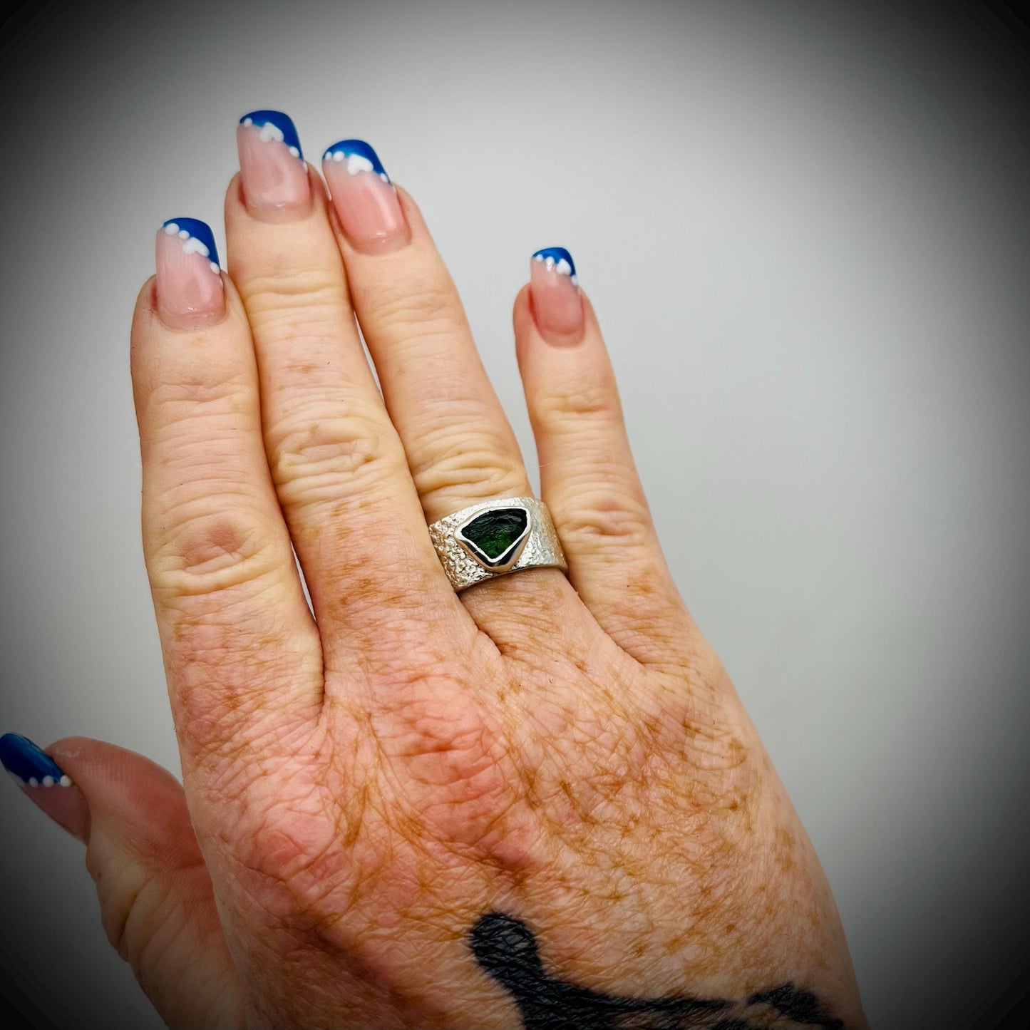 Sterling Silver Wide Ring Bang, Reticulated Silver Ring Band, Textured Silver Ring, Wide Silver Ring, Green Sea Glass and Silver Ring