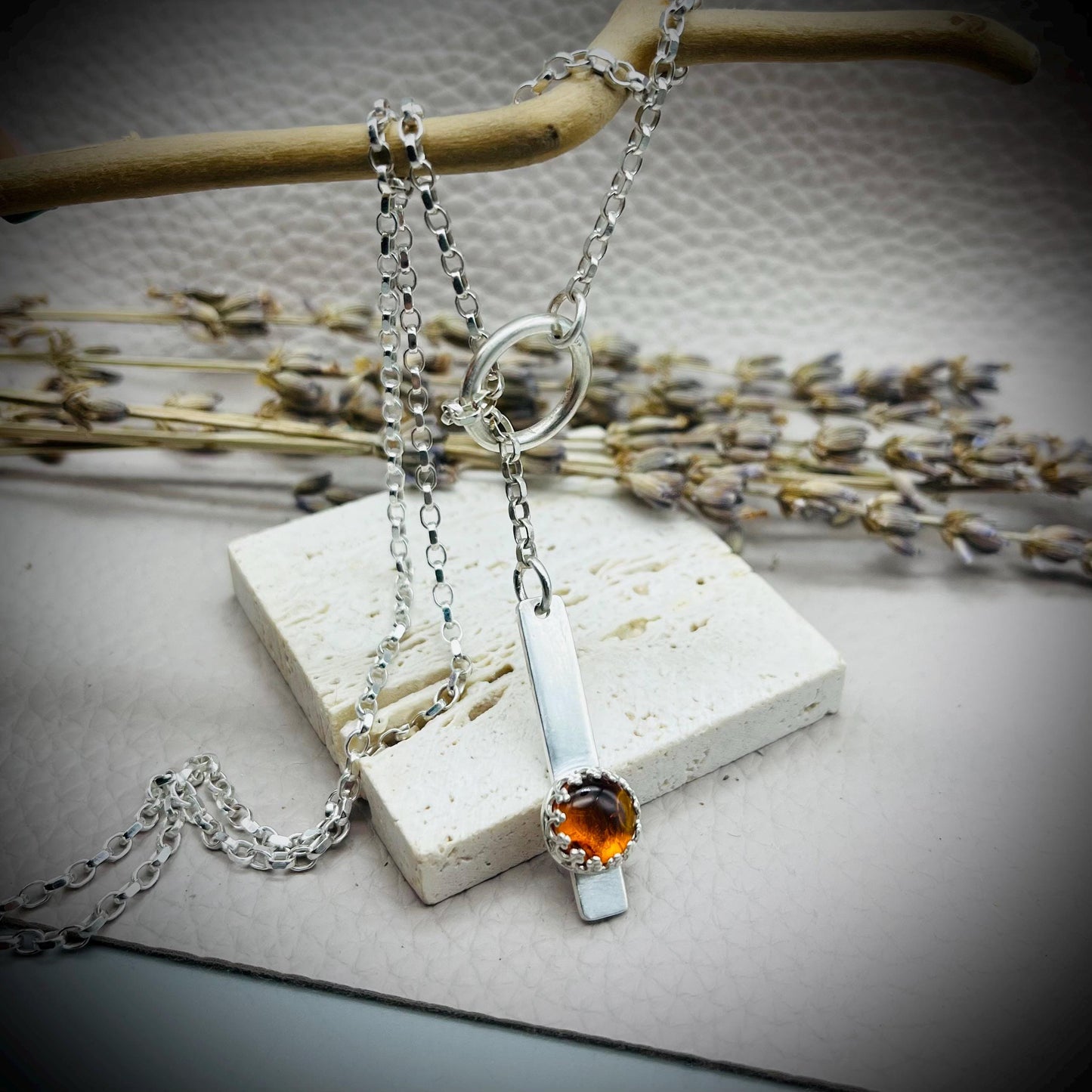 Long Sterling Silver Bar Necklace, Sterling Silver Lariat Necklace, Amber and Silver Hoop Lariat Necklace, Long Silver Hoop Necklace