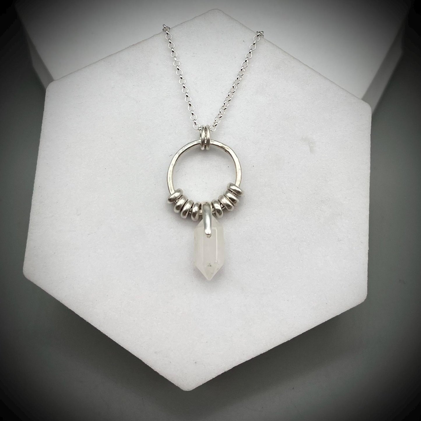 Quartz Crystal Point Necklace, Quartz Silver Hoop Pendant, Hammered Hoop Pendant with Quartz, Quartz Double Point Pendant