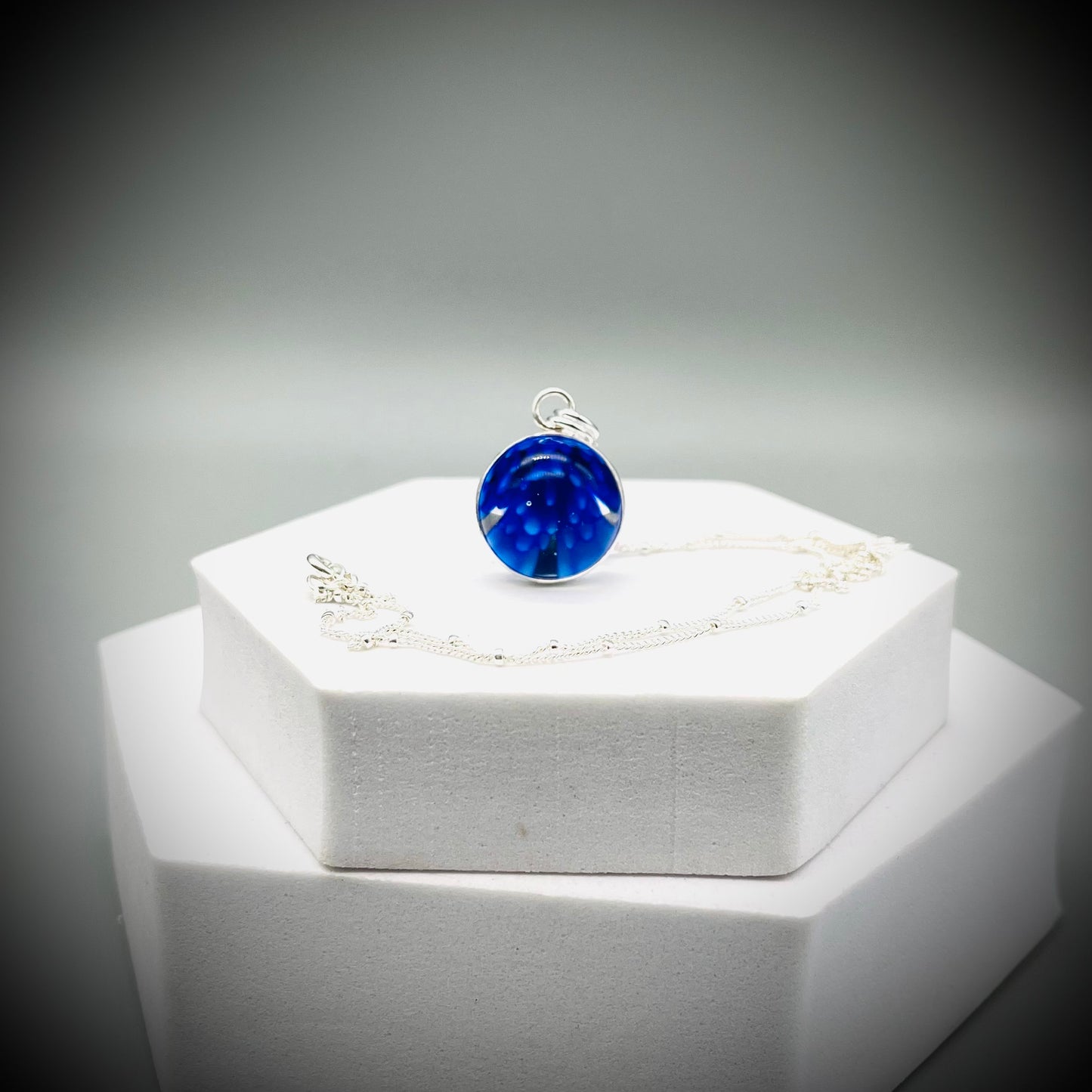 Flower Marble Necklace, Handmade Flower Marble Necklace, Caged Marble Necklace, Blue Glass Marble and Silver Necklace