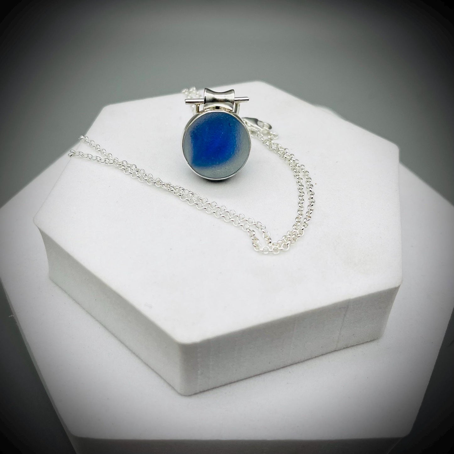 Sea Glass Marble Necklace, Blue Sea Glass Pendant, Blue Marble Pendant, Spinning Sea Glass Marble Pendant