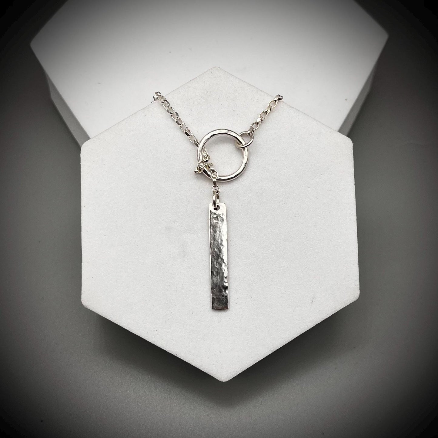 Long Sterling Silver Bar Necklace, Sterling Silver Lariat Necklace, Hammered Silver Hoop Lariat Necklace, Long Silver Hoop Necklace