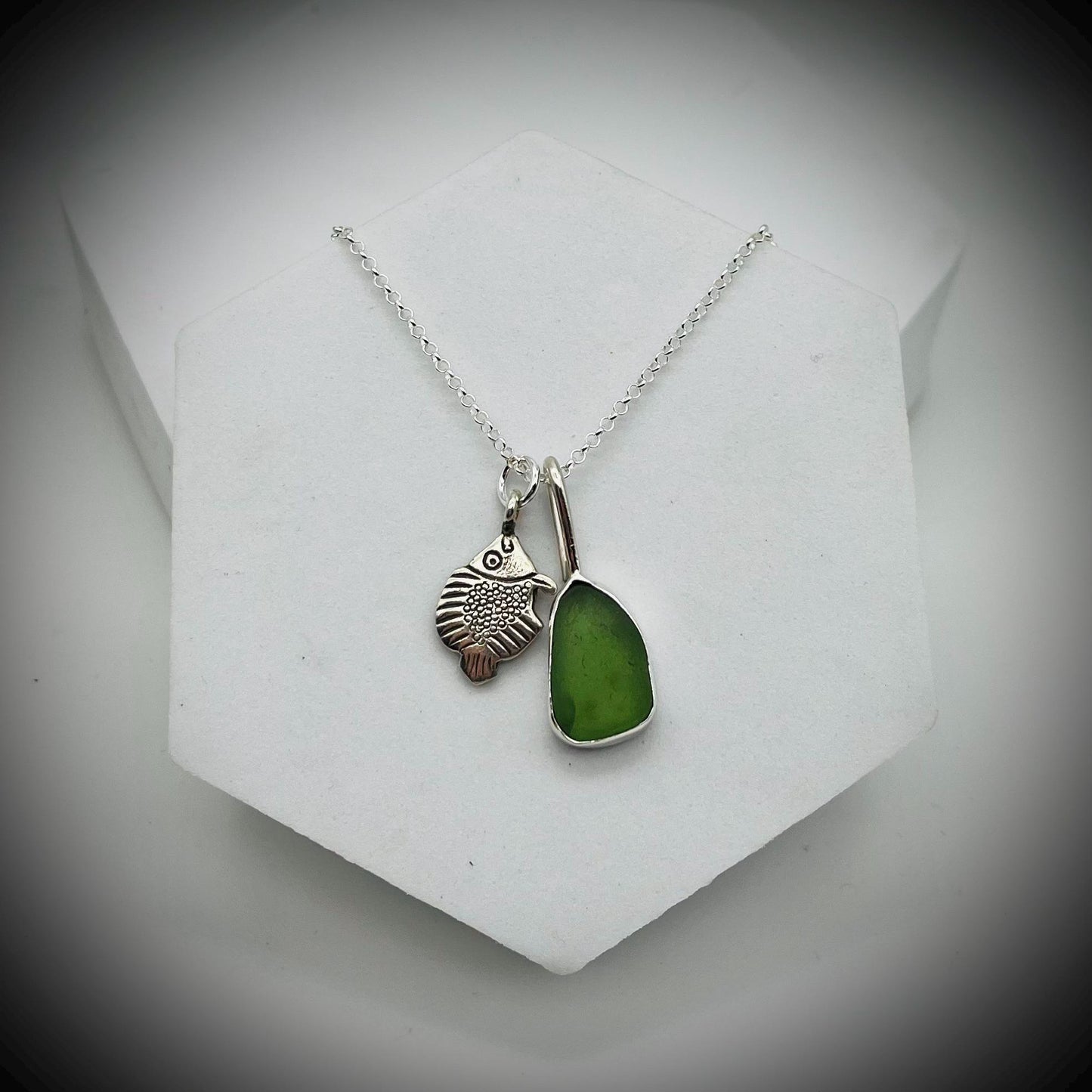 Green Sea Glass and Silver Fish Necklace, Green Sea Glass Pendant, Silver Fish Pendant, Fish and Sea Glass Necklace