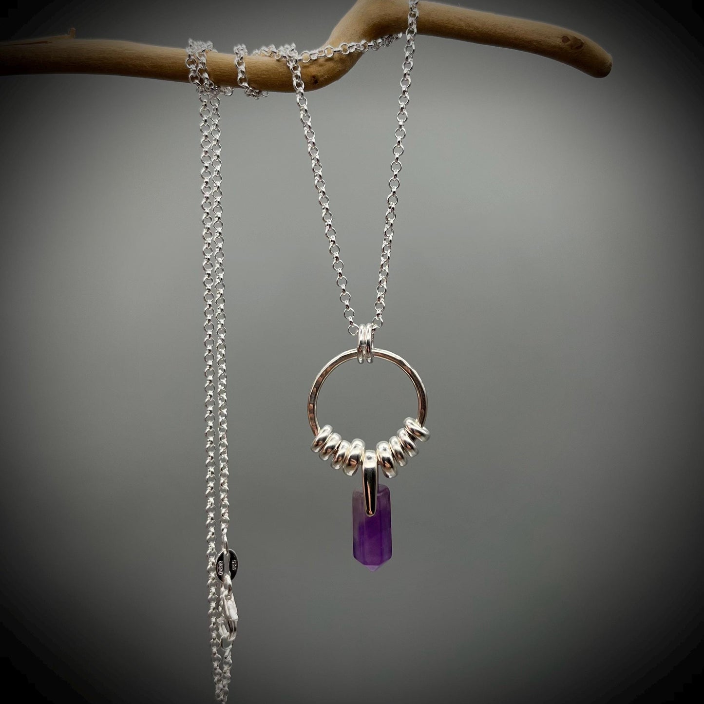 Amethyst Crystal Point Necklace, Amethyst Silver Hoop Pendant, Hammered Hoop Pendant with Amethyst, Amethyst and Silver Necklace