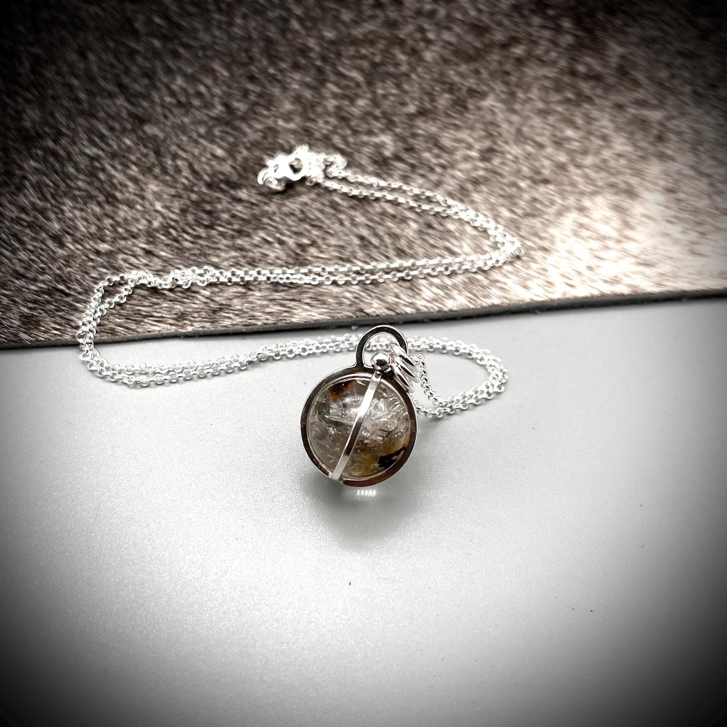 Herkimer Diamond Crystal Ball Necklace, Herkimer Diamond and Sterling Silver Necklace, Caged Herkimer Diamond Pendant
