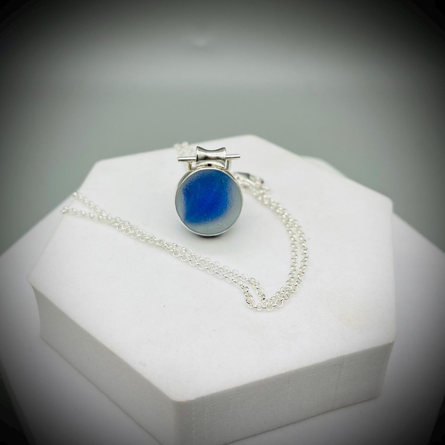 Sea Glass Marble Necklace, Blue Sea Glass Pendant, Blue Marble Pendant, Spinning Sea Glass Marble Pendant
