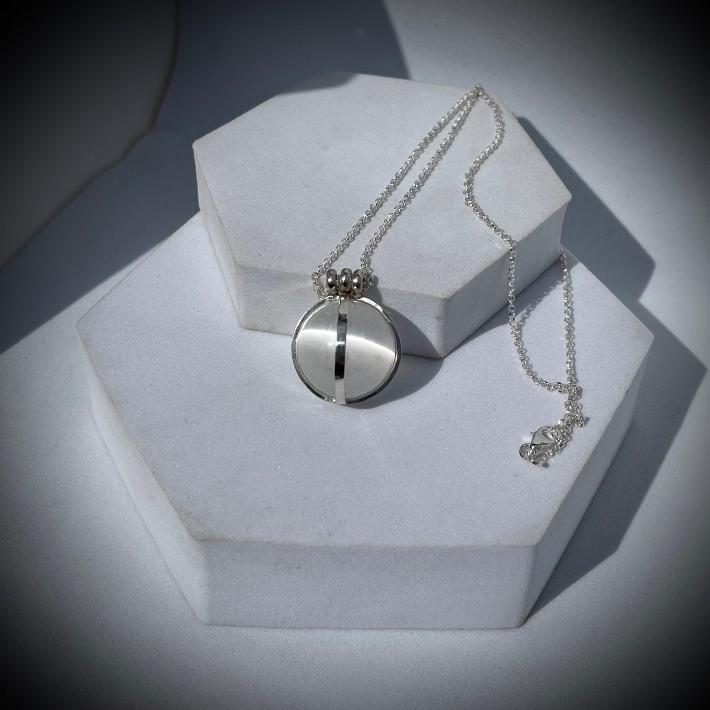 Selenite Crystal Ball Necklace, Selenite and Sterling Silver Necklace, Caged Selenite Pendant, Selenite and Silver Pendant, Caged Crystal