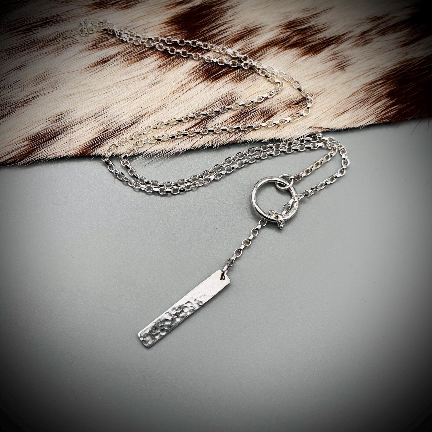 Long Sterling Silver Bar Necklace, Sterling Silver Lariat Necklace, Hammered Silver Hoop Lariat Necklace, Long Silver Hoop Necklace