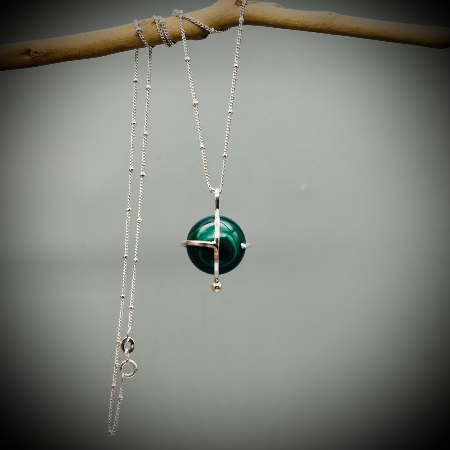 Malachite Crystal Ball Necklace, Malachite and Sterling Silver Necklace, Caged Malachite Pendant, Malachite Crystal Ball
