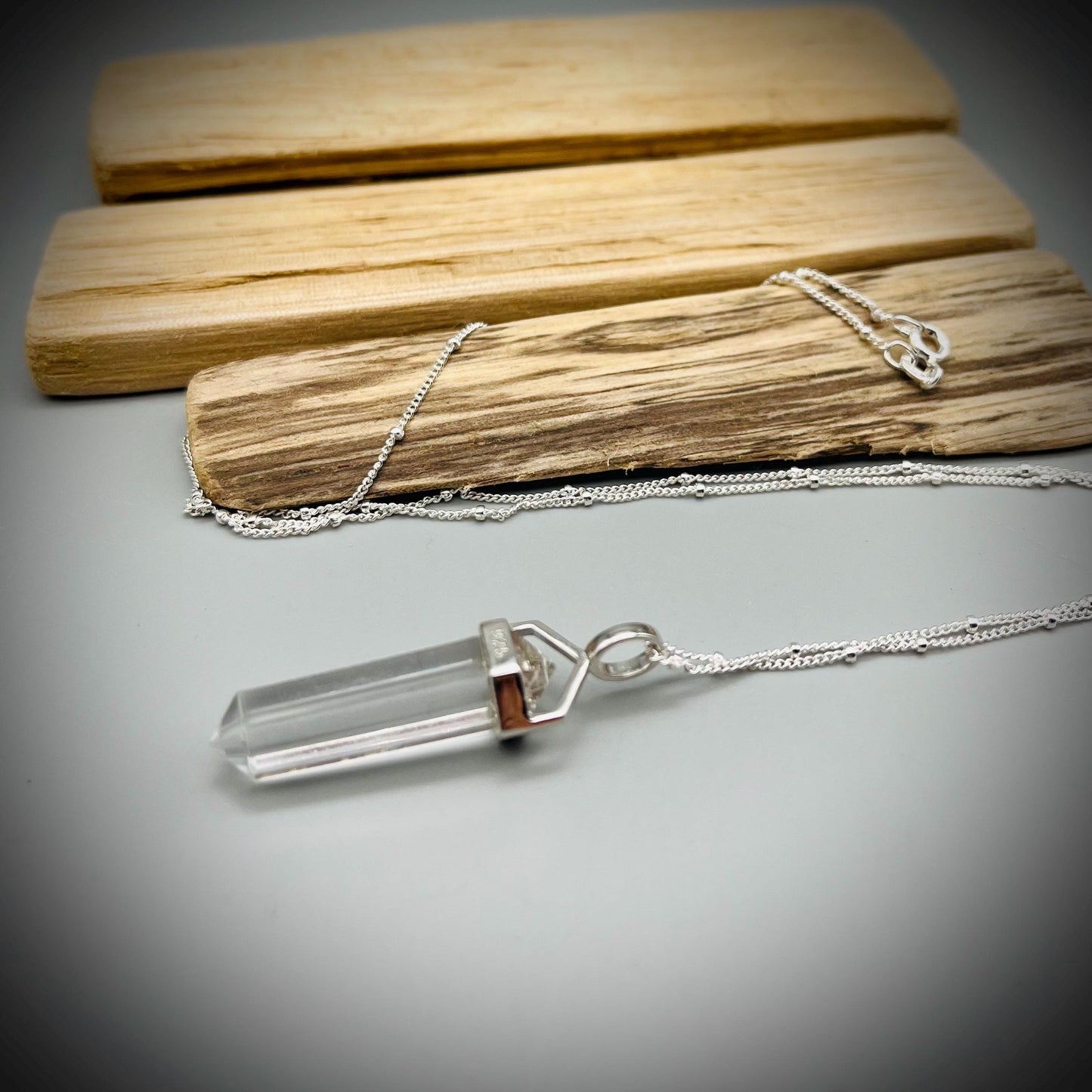 Clear Quartz and Sterling Silver Necklace, Clear Quartz Crystal Point Pendant Necklace, Clear Quartz Double Terminated Point Necklace