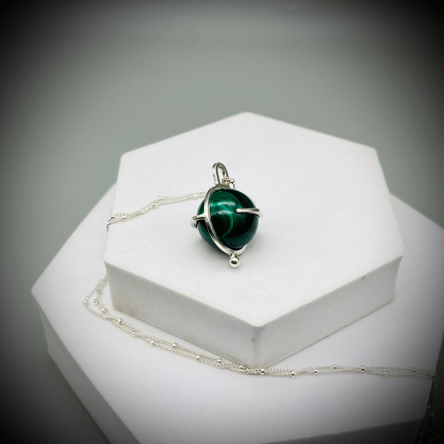 Malachite Crystal Ball Necklace, Malachite and Sterling Silver Necklace, Caged Malachite Pendant, Malachite Crystal Ball