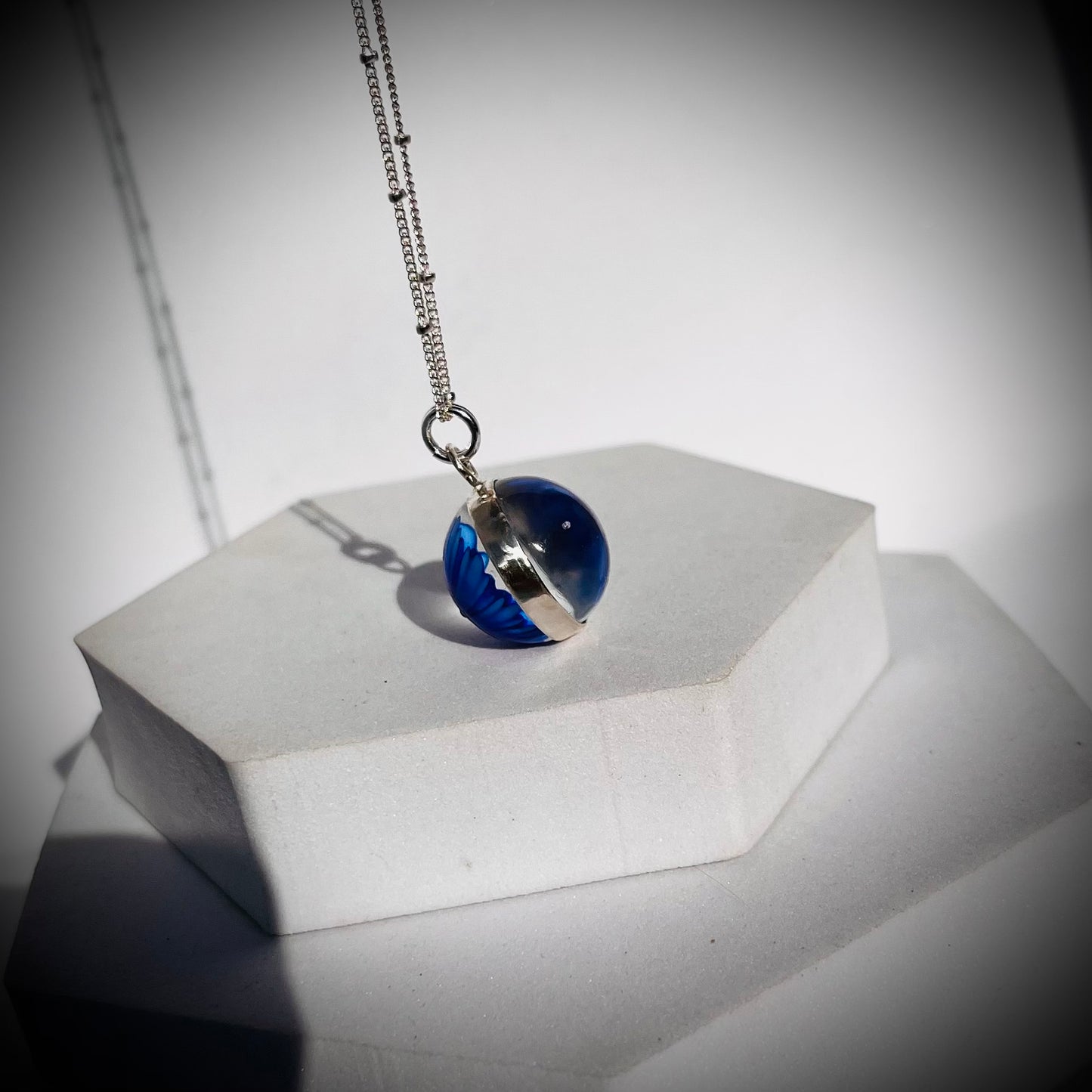 Flower Marble Necklace, Handmade Flower Marble Necklace, Caged Marble Necklace, Blue Glass Marble and Silver Necklace