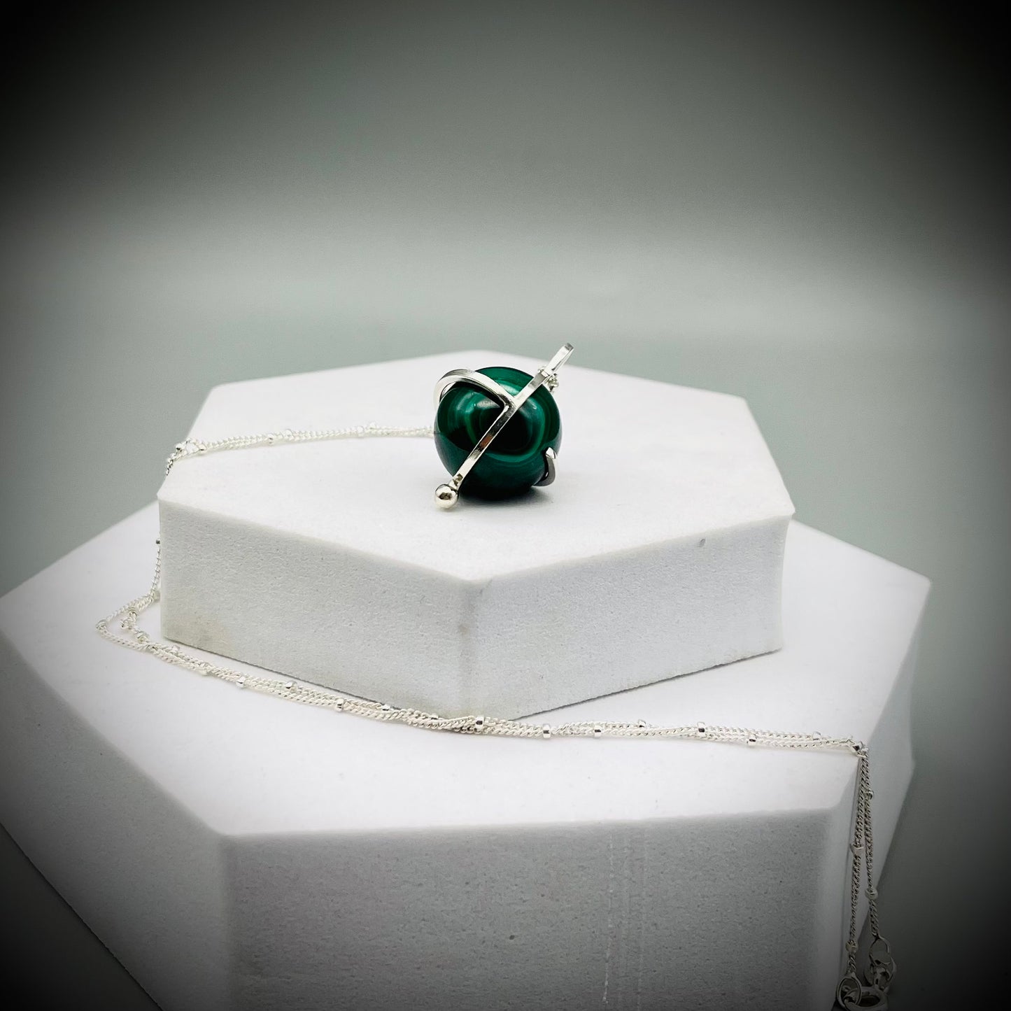 Malachite Crystal Ball Necklace, Malachite and Sterling Silver Necklace, Caged Malachite Pendant, Malachite Crystal Ball