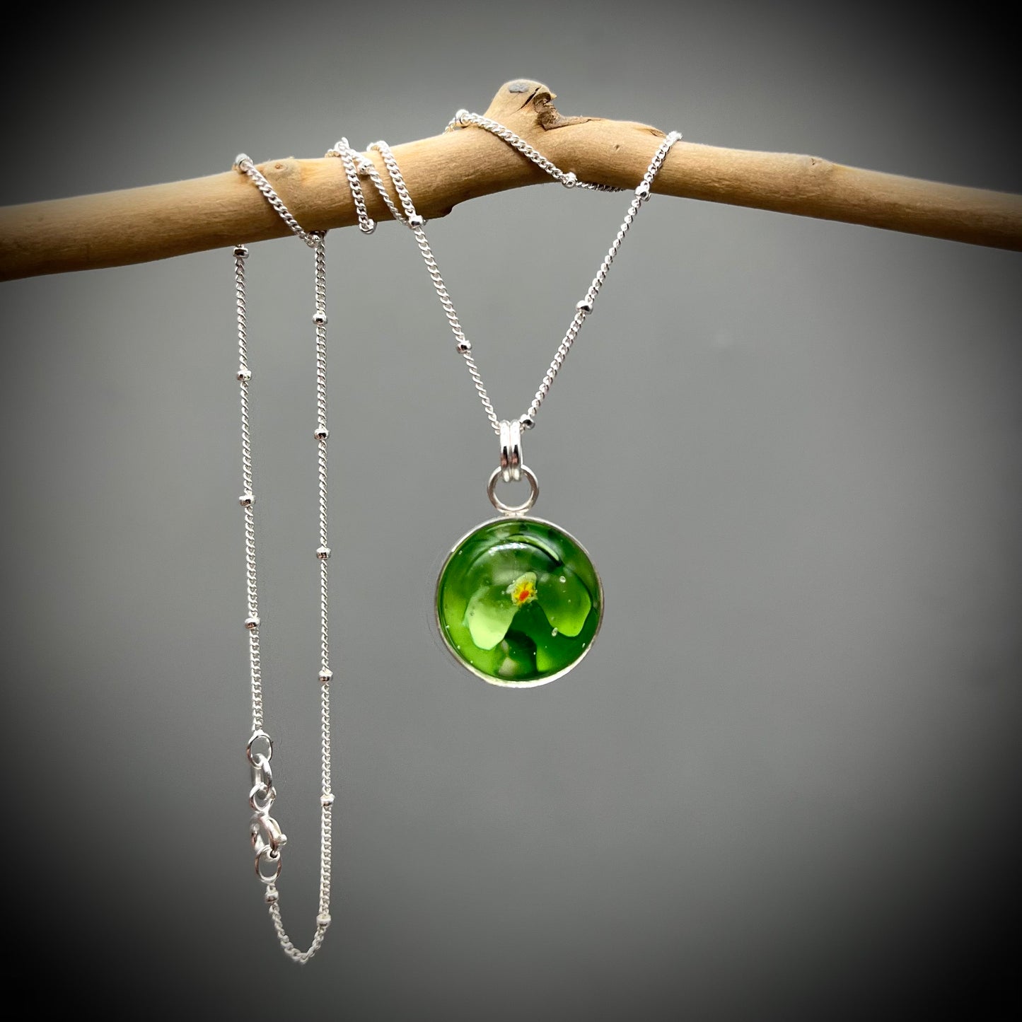 Flower Marble Necklace, Handmade Flower Marble Necklace, Caged Marble Necklace, Green Glass Marble and Silver Necklace