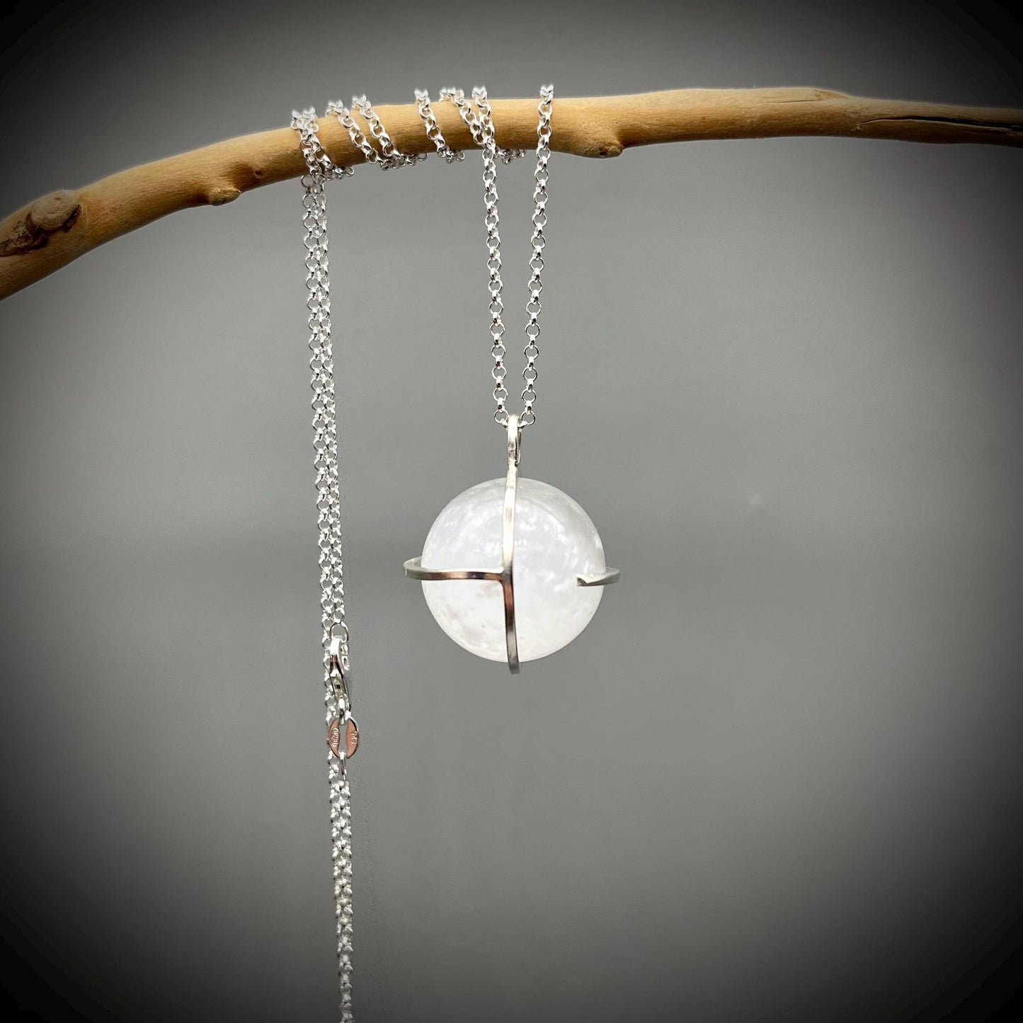 Selenite Crystal Ball Necklace, Selenite and Sterling Silver Necklace, Caged Selenite Pendant, Selenite and Silver Pendant, Caged Crystal