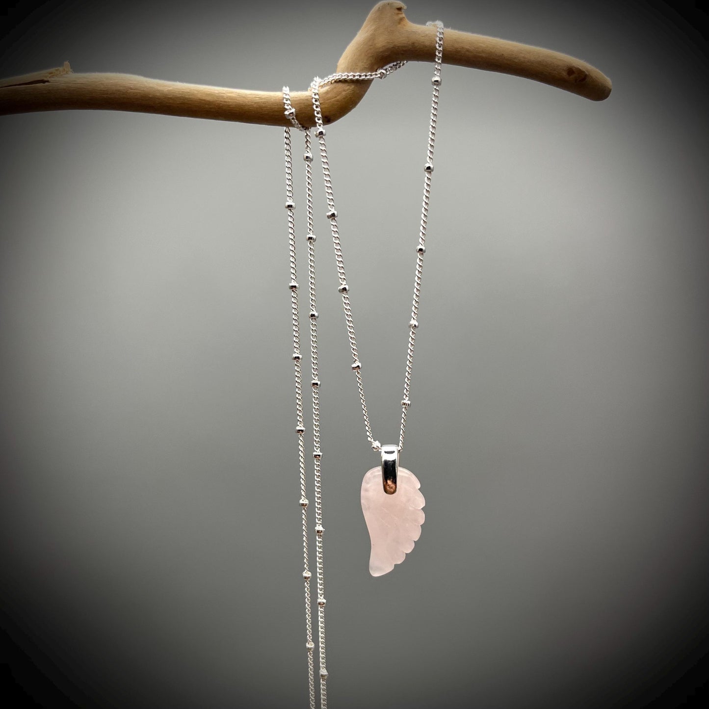 Rose Quartz Crystal Necklace, Angel Wing Necklace, Rose Quartz Angel Wing, Rose Quartz and Sterling Silver Necklace, Crystal Wing Necklace