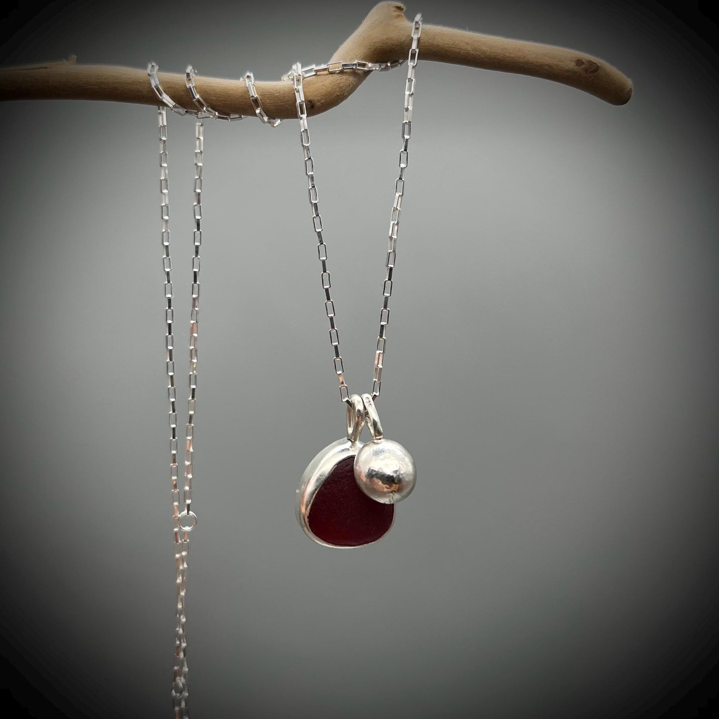 Red Sea Glass and Eco Silver Pebble Necklace, Red Sea Glass Pendant, Recycled Eco Silver Pebble Necklace, Red Sea Glass Necklace