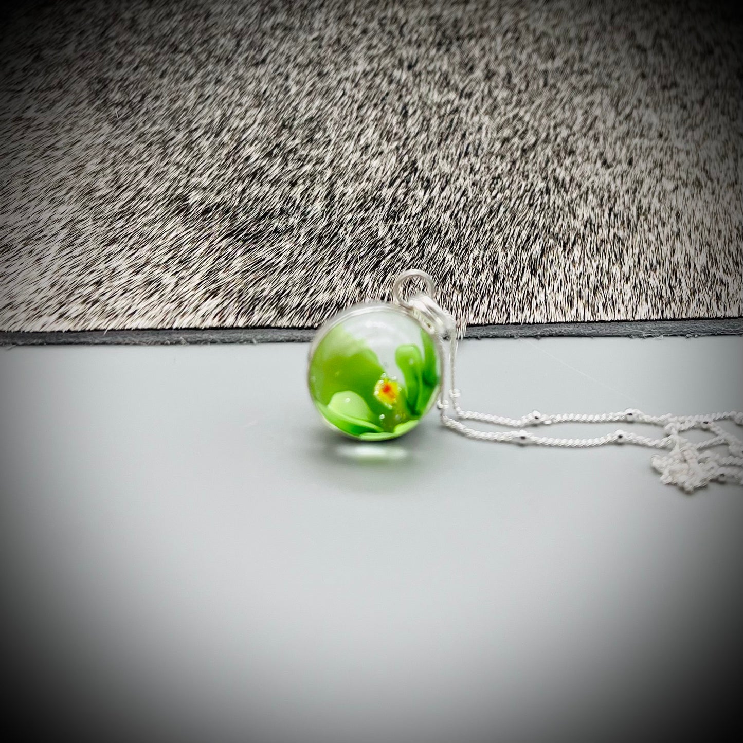 Flower Marble Necklace, Handmade Flower Marble Necklace, Caged Marble Necklace, Green Glass Marble and Silver Necklace