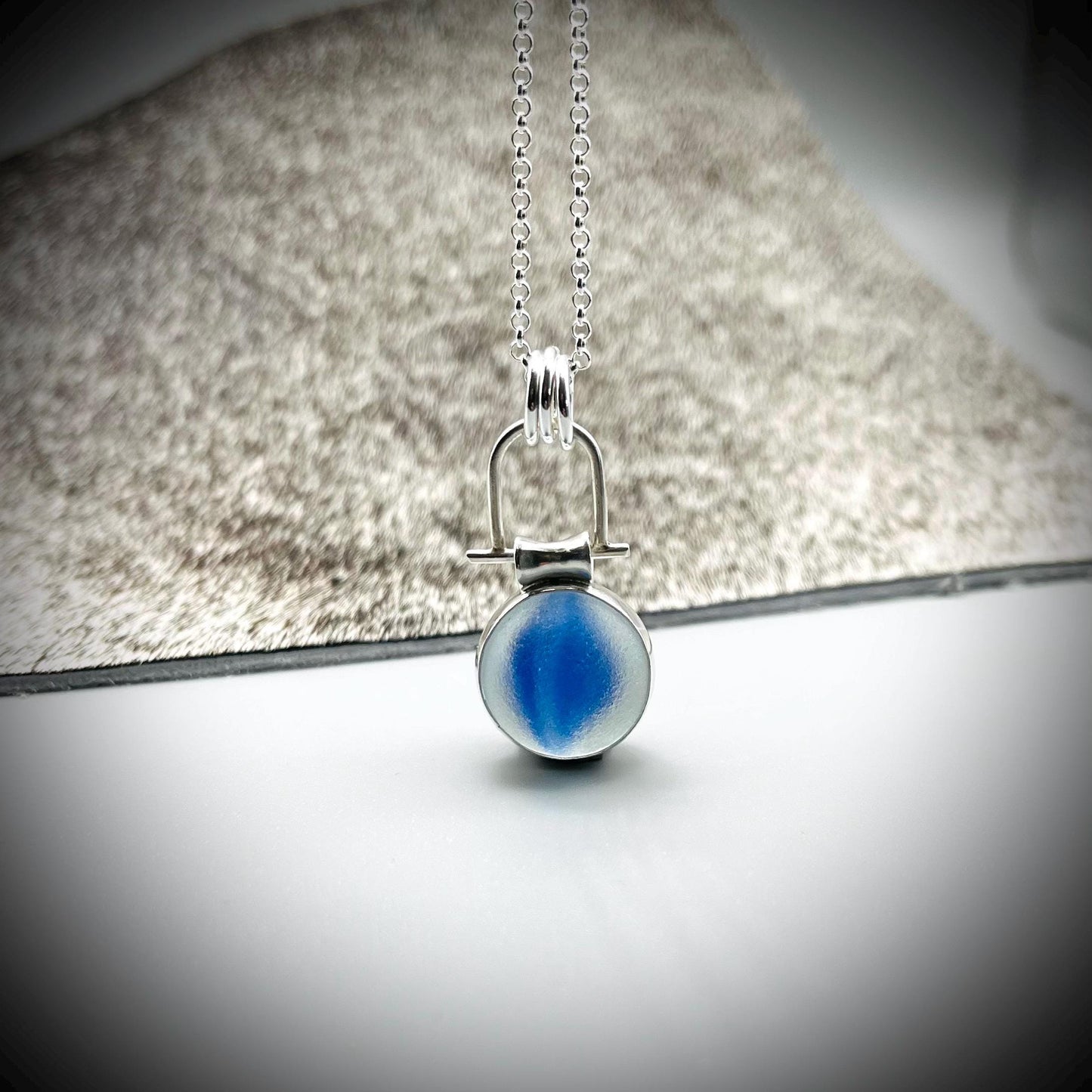 Sea Glass Marble Necklace, Blue Sea Glass Pendant, Blue Marble Pendant, Spinning Sea Glass Marble Pendant