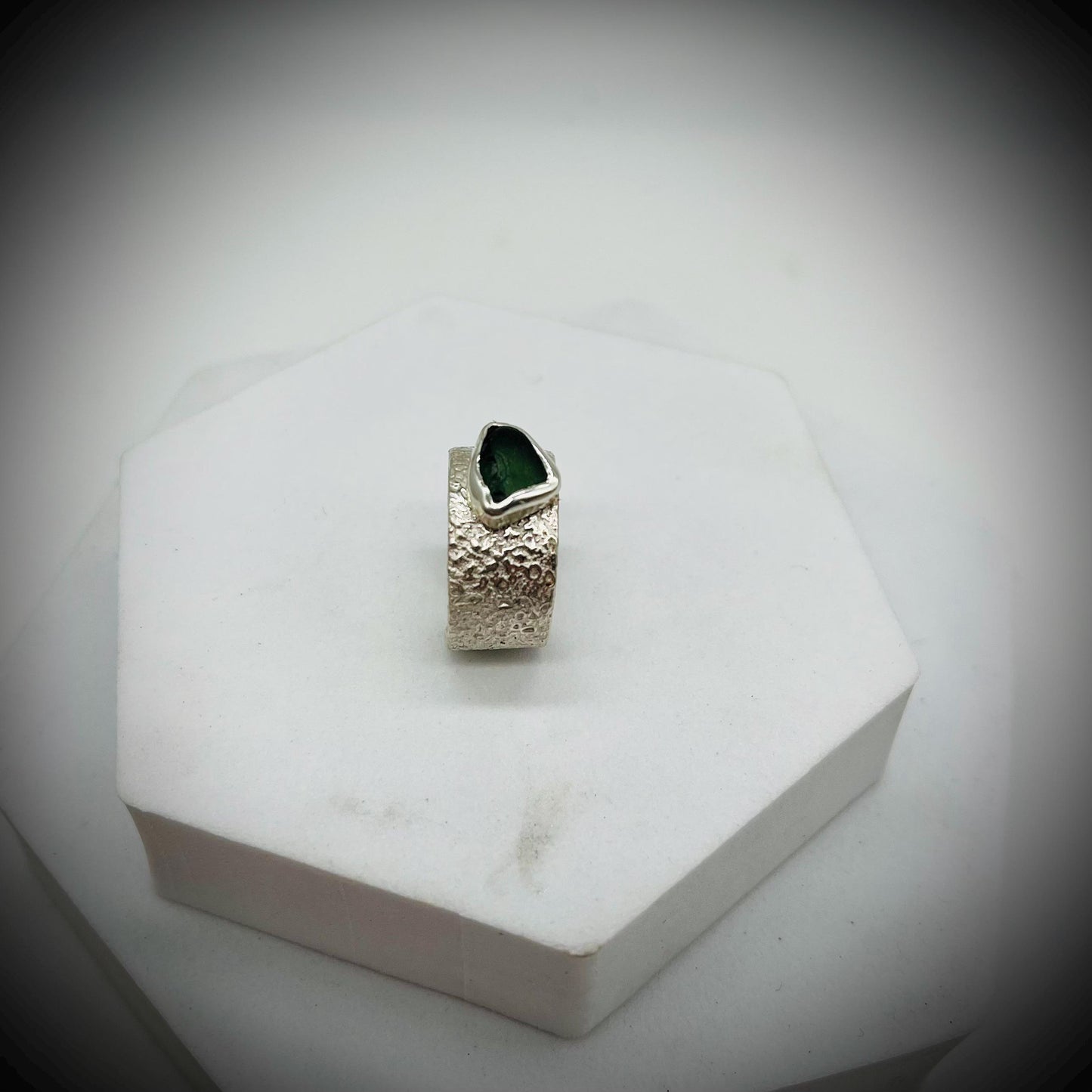 Sterling Silver Wide Ring Bang, Reticulated Silver Ring Band, Textured Silver Ring, Wide Silver Ring, Green Sea Glass and Silver Ring