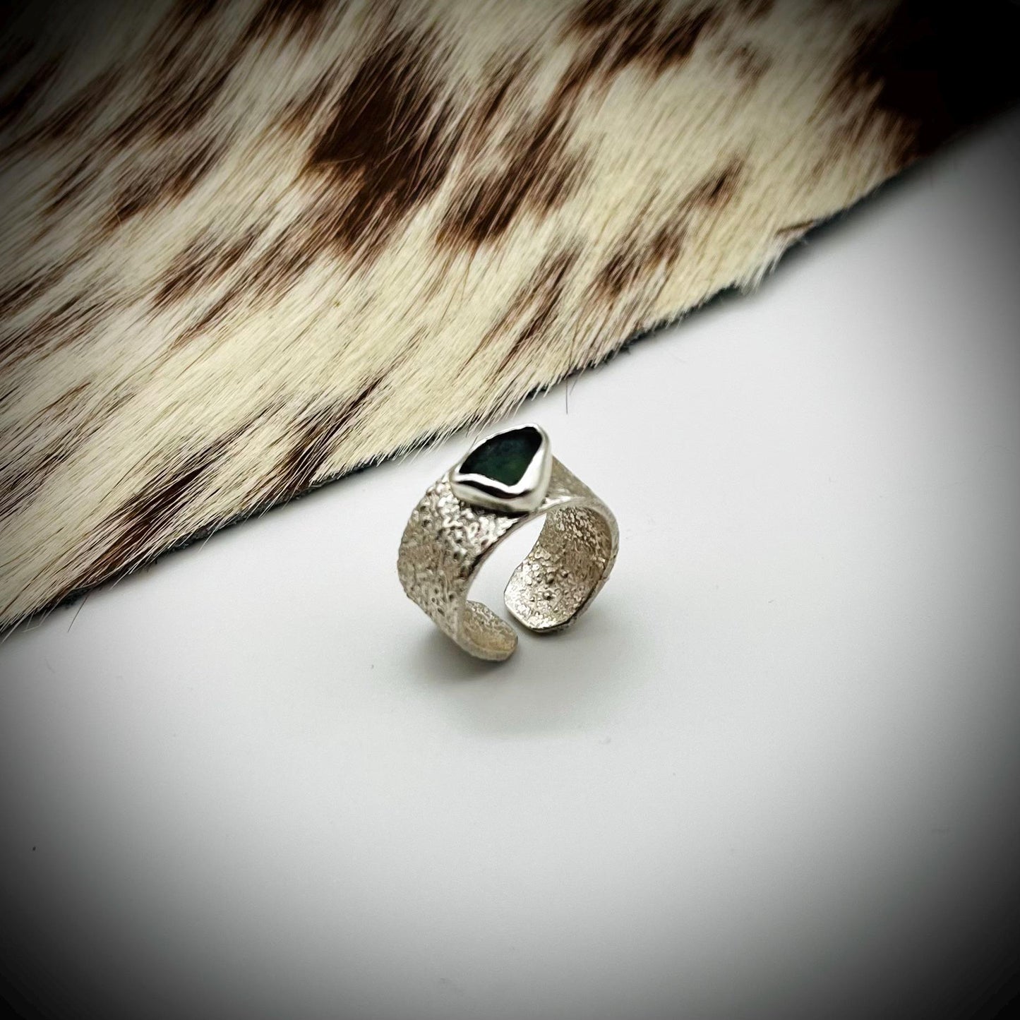 Sterling Silver Wide Ring Bang, Reticulated Silver Ring Band, Textured Silver Ring, Wide Silver Ring, Green Sea Glass and Silver Ring