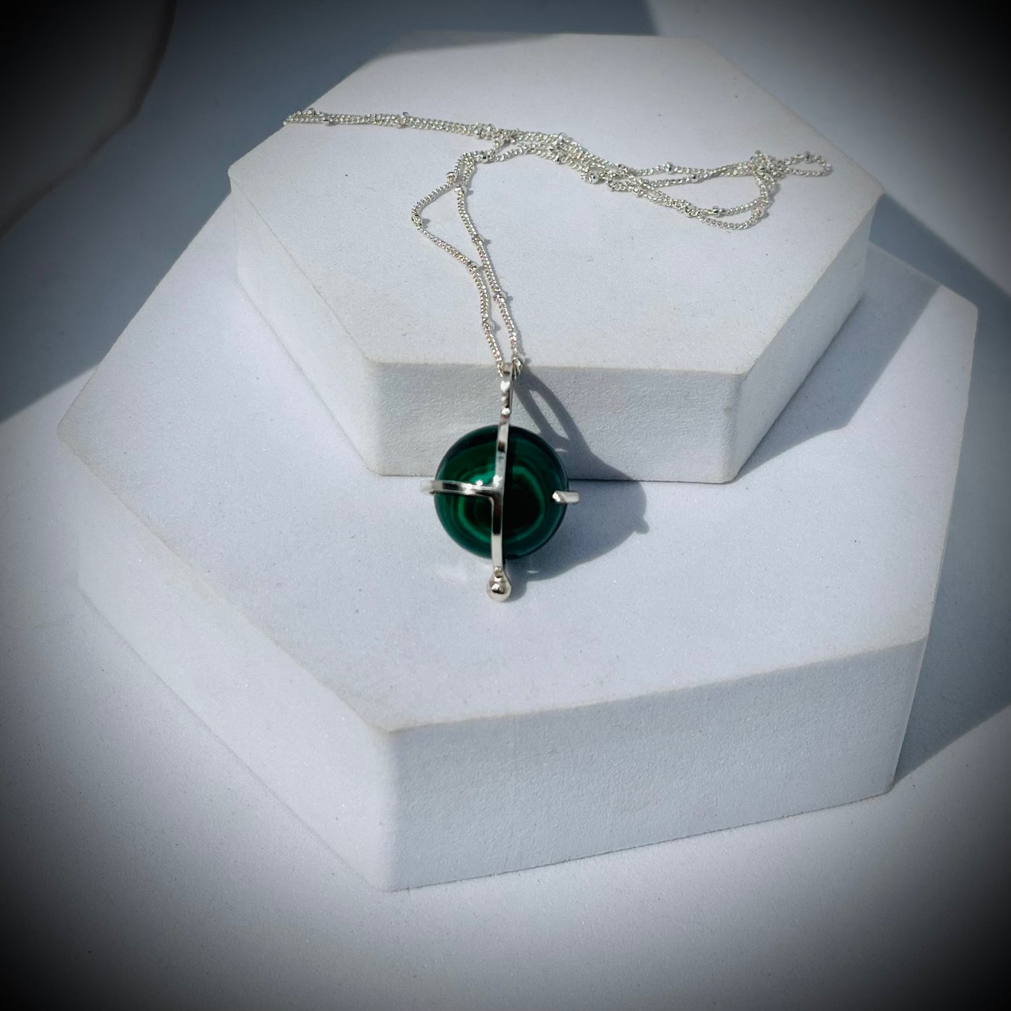 Malachite Crystal Ball Necklace, Malachite and Sterling Silver Necklace, Caged Malachite Pendant, Malachite Crystal Ball
