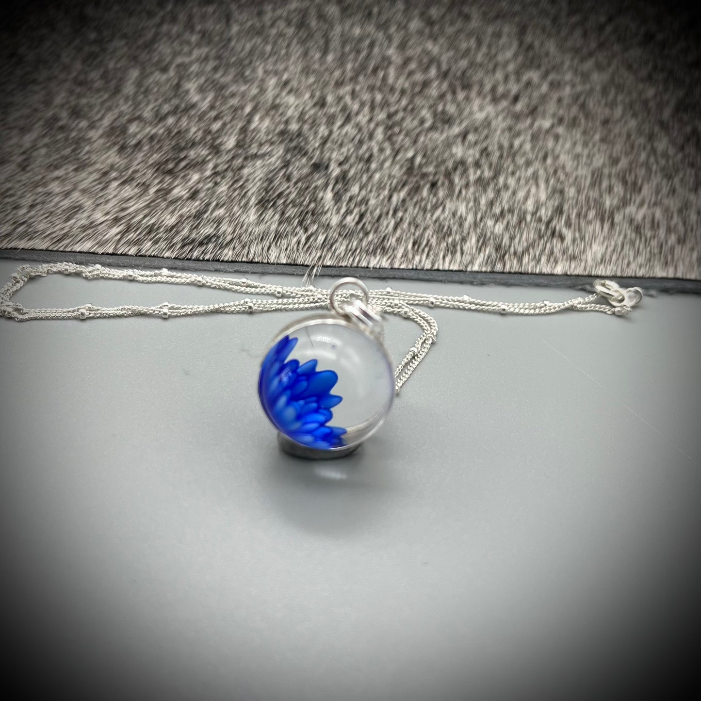 Flower Marble Necklace, Handmade Flower Marble Necklace, Caged Marble Necklace, Blue Glass Marble and Silver Necklace