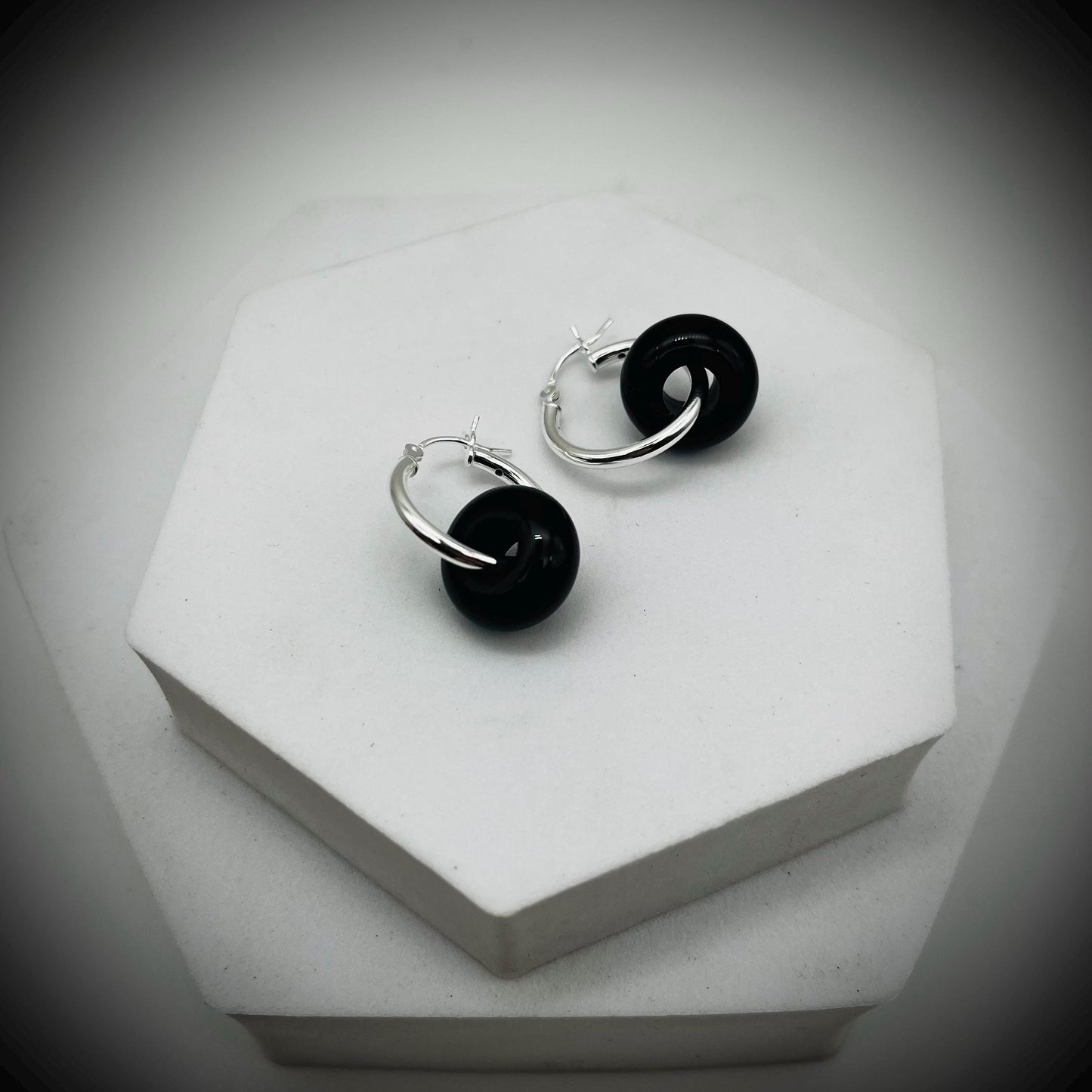 Black Onyx Crystal Hoop Hearings, Onyx and Sterling Silver Earrings, Silver Hoop Earrings, Black Onyx Earrings, Crystal Silver Hoops