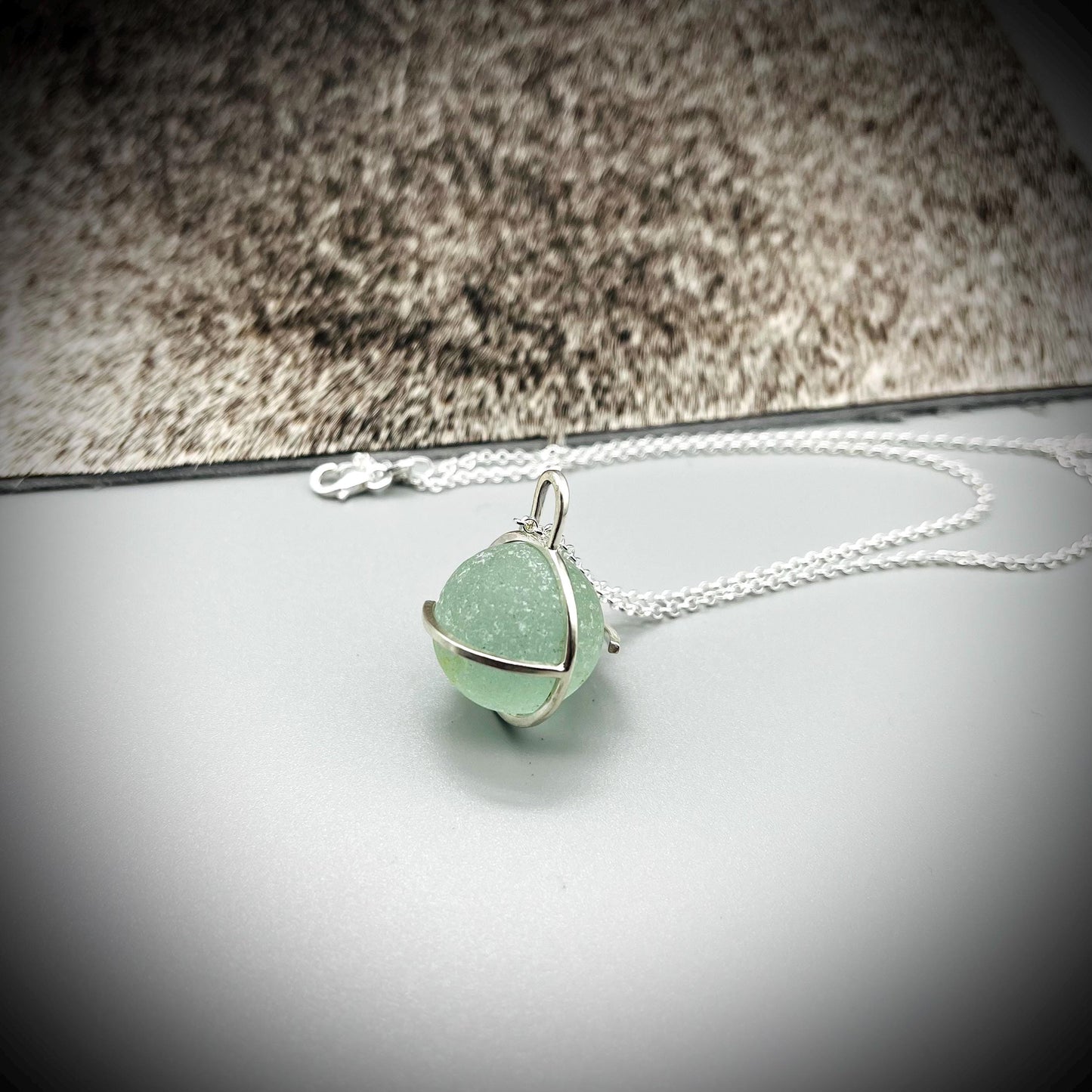Genuine Codd Marble Necklace, Green Sea Glass Pendant, Green Marble Pendant, Caged Sea Glass Marble Pendant