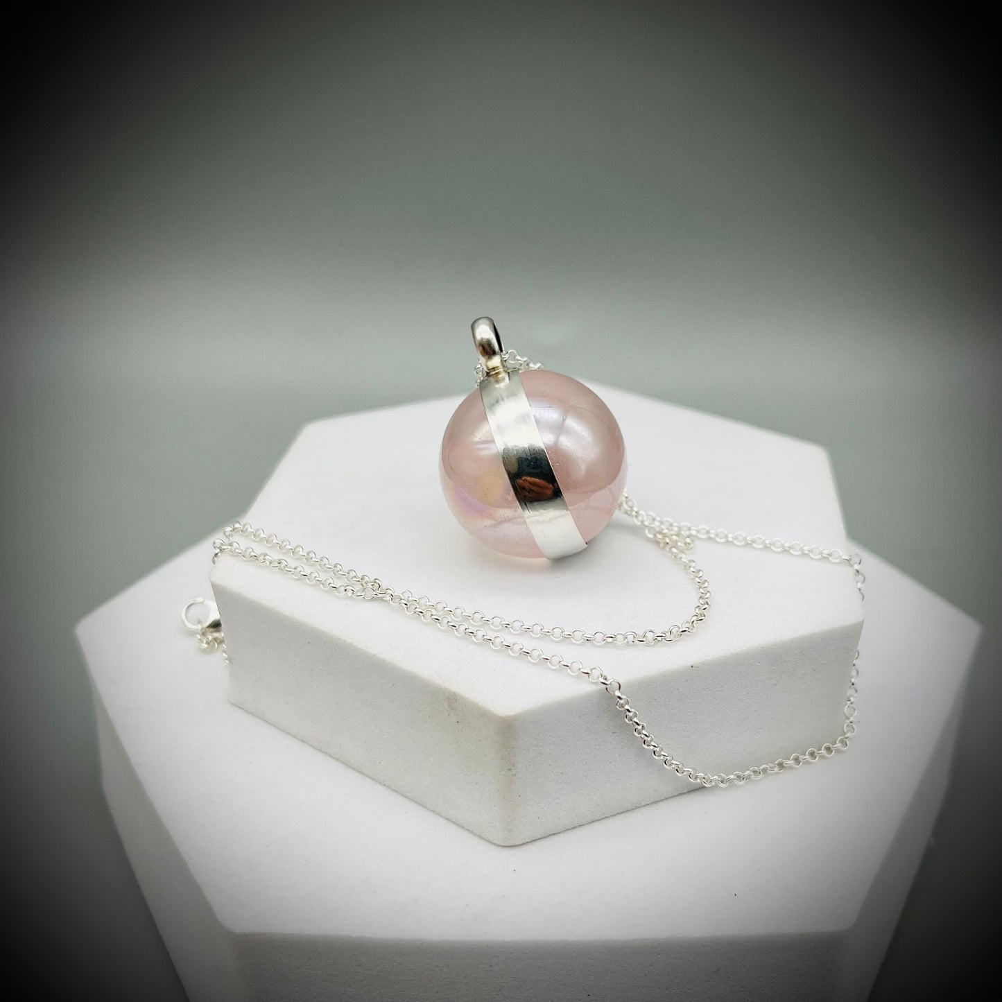Rose Aura Quartz Crystal Ball Necklace, Rose Quartz and Sterling Silver Necklace, Rose Aura Quartz Pendant, Spinning Crystal Pendant
