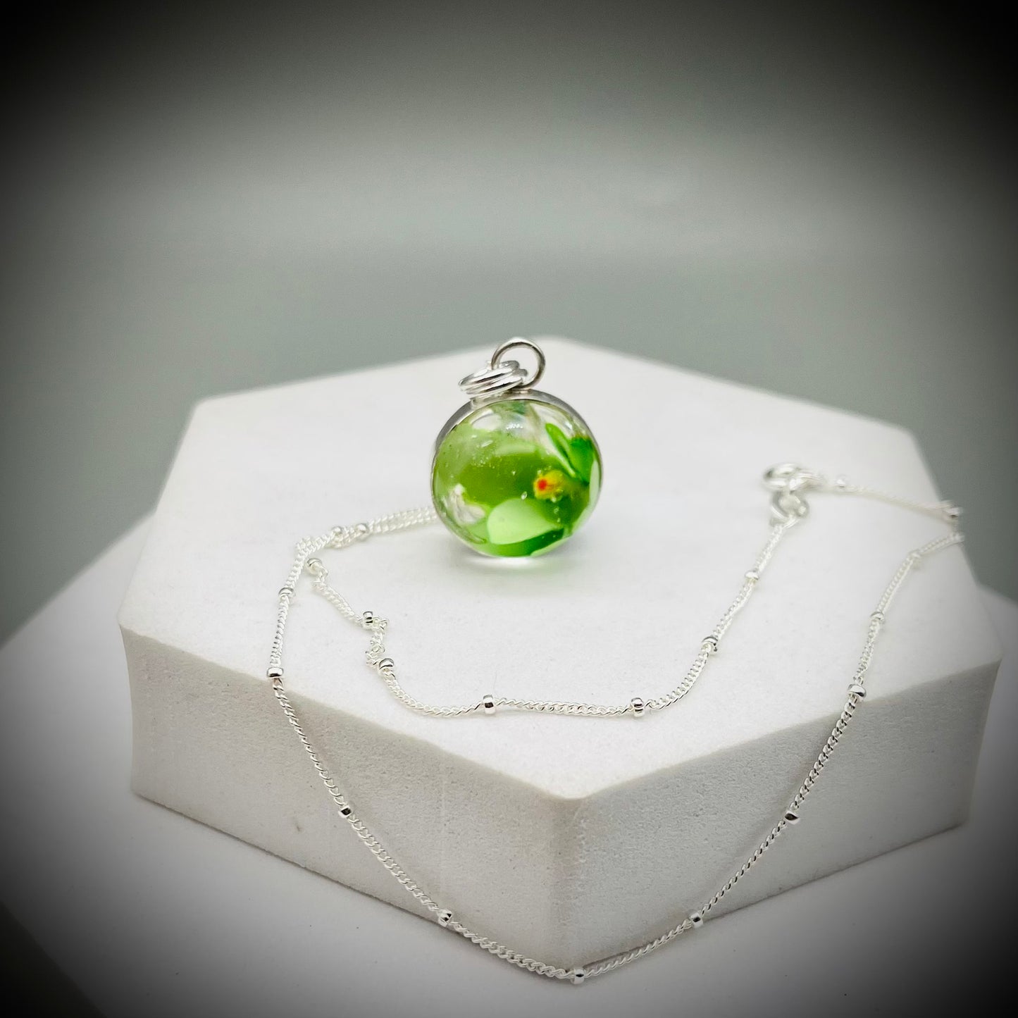 Flower Marble Necklace, Handmade Flower Marble Necklace, Caged Marble Necklace, Green Glass Marble and Silver Necklace