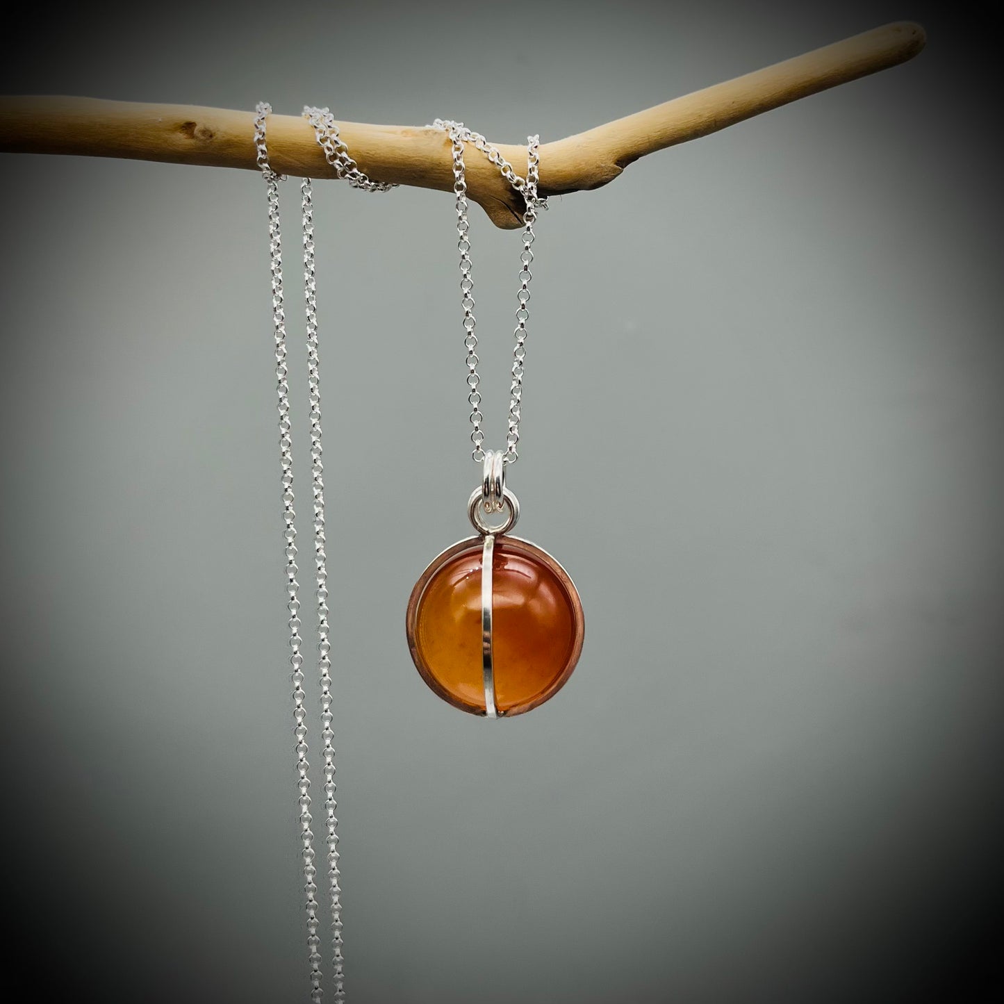 Carnelian Crystal Ball Necklace, Carnelian and Sterling Silver Pendant, Carnelian Crystal Sphere Pendant, Caged Carnelian Crystal