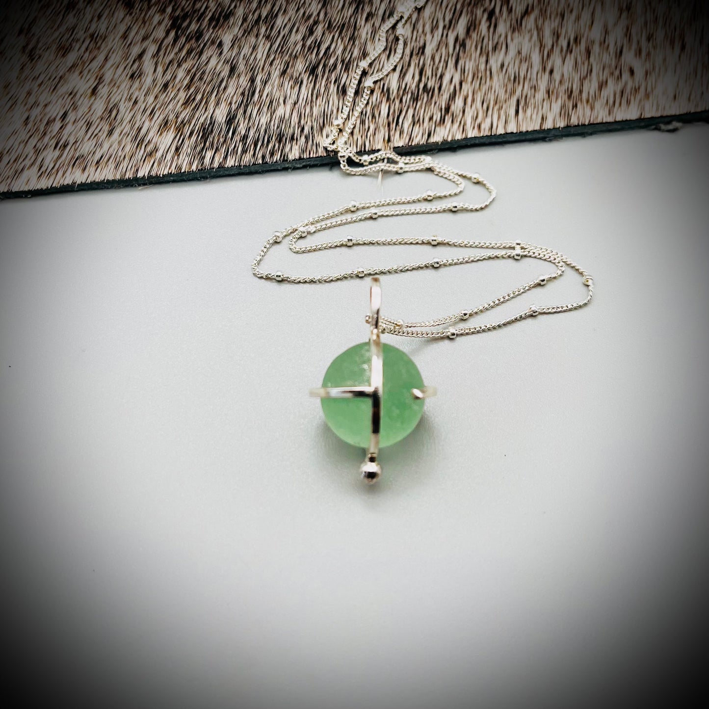 Codd Marble Necklace, Sea Glass Pendant, Green Marble Pendant, Caged Sea Glass Marble Pendant