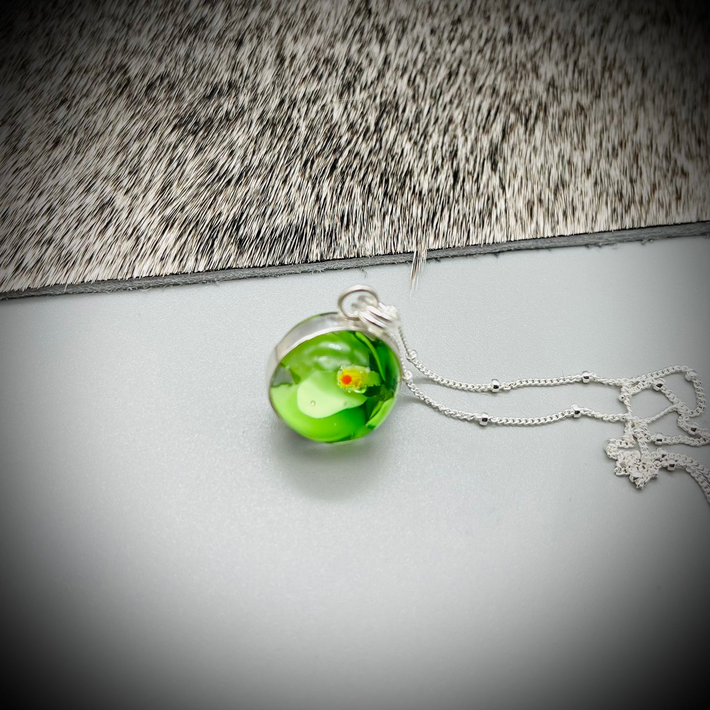 Flower Marble Necklace, Handmade Flower Marble Necklace, Caged Marble Necklace, Green Glass Marble and Silver Necklace